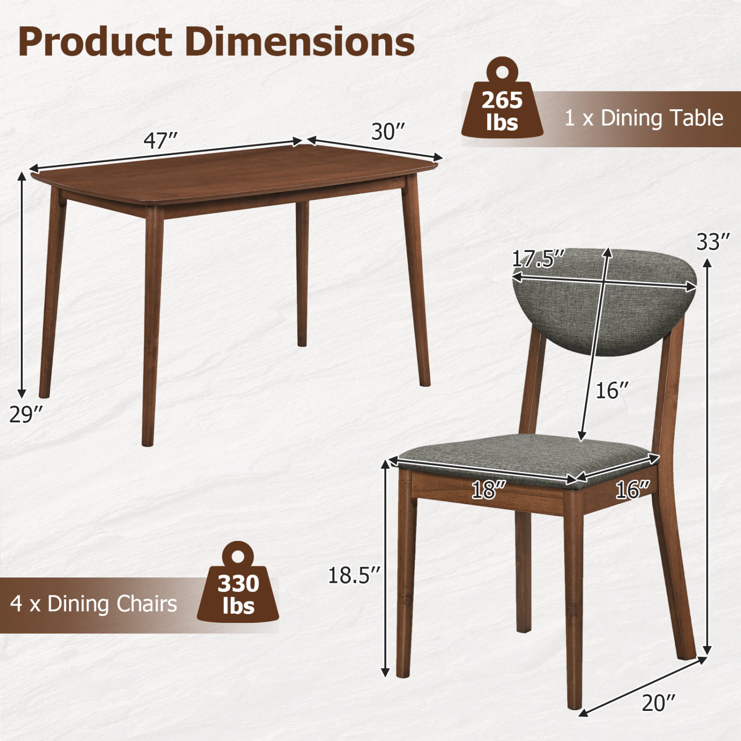 LJG 5-Piece Dining Set for 4 with Rectangular Table & Fabric Chairs for Living Room