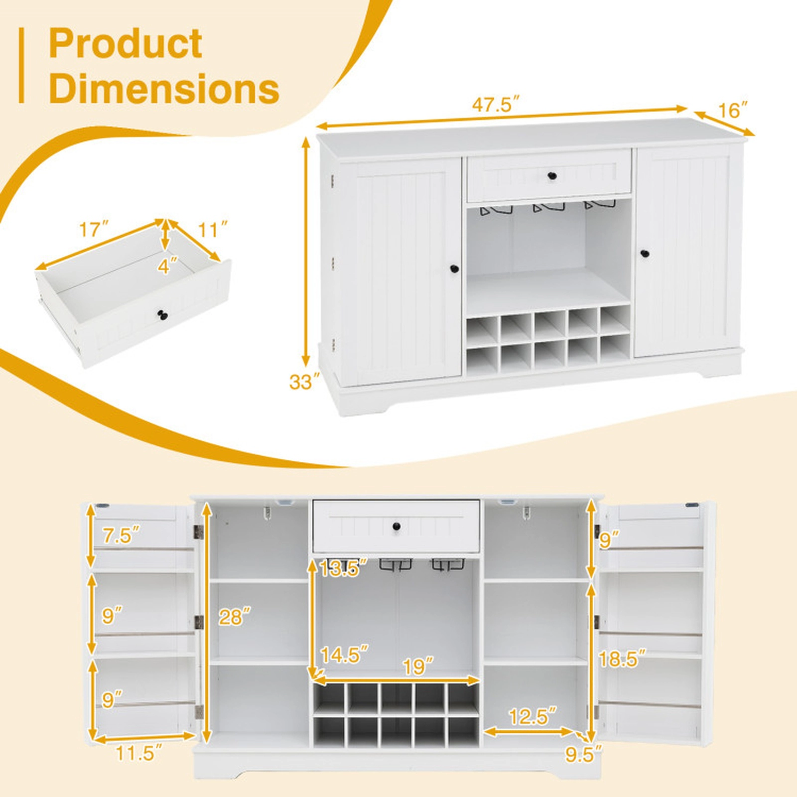 SUGIFT 47.5-in White Sideboard Cabinet with 10-Bottle Removable Wine Rack Glass Holder and Door Shelves