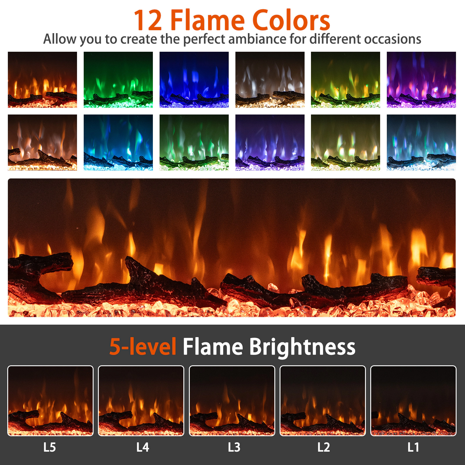 SUGIFT 36-in 3-Sided Glass 5 Brightness Levels Electric Fireplace Insert 36-in x 7.8-in x 17.3-in 41-lb Black