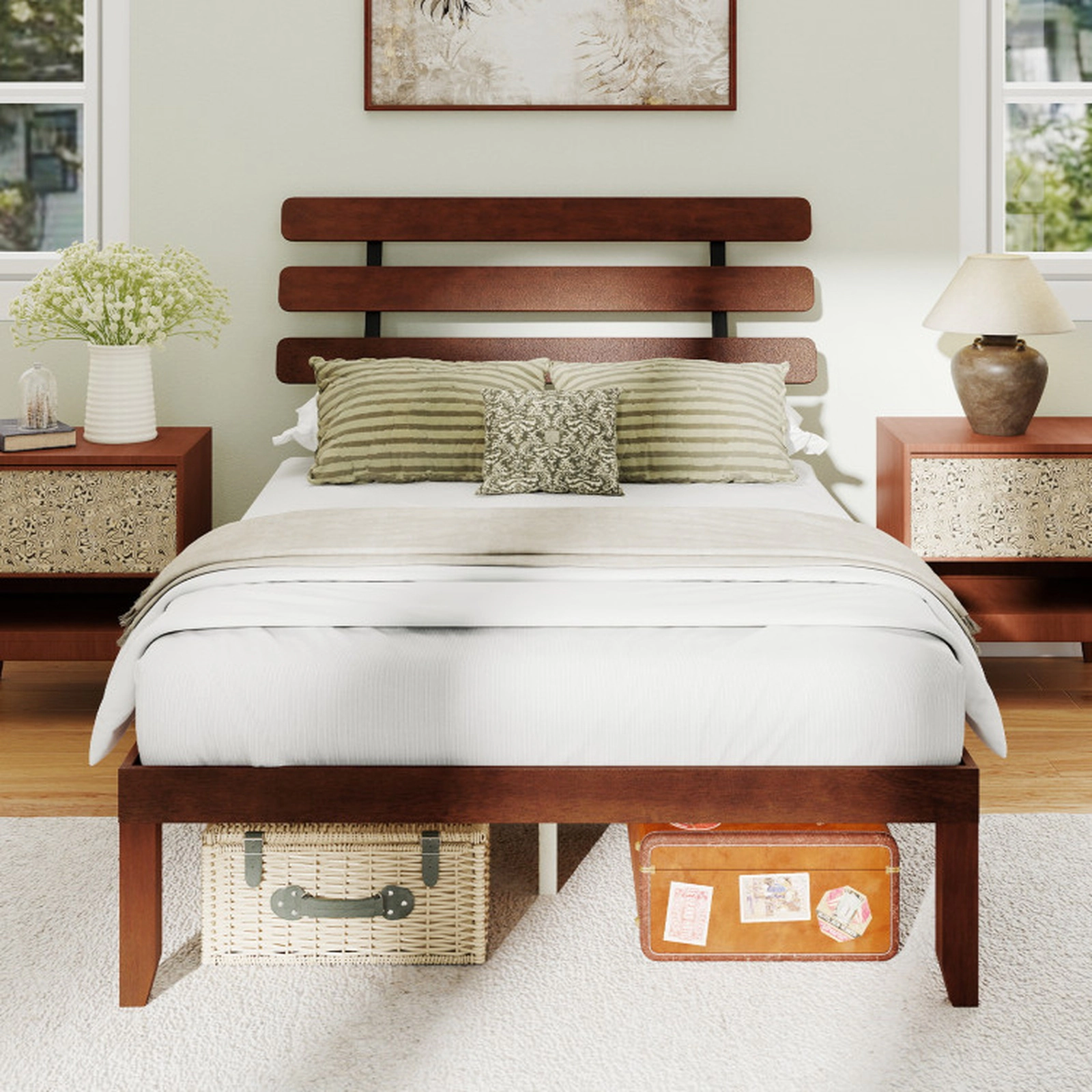 SUGIFT Walnut Retro Slat Headboard and 12 Slats Solid Wood Platform Bed