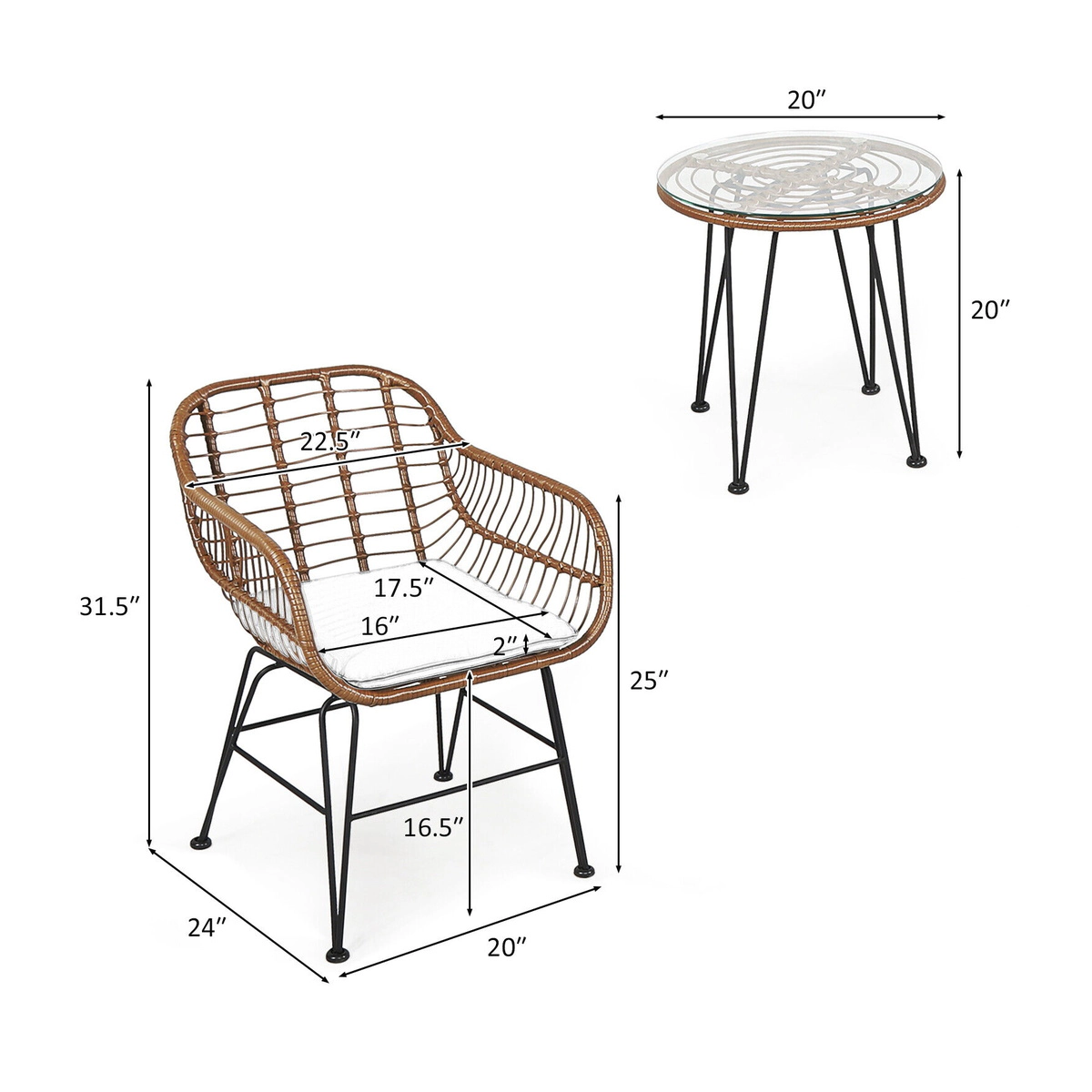 SUGIFT Gray 3-Piece Rattan Patio Bistro Set with Cushioned Armchairs