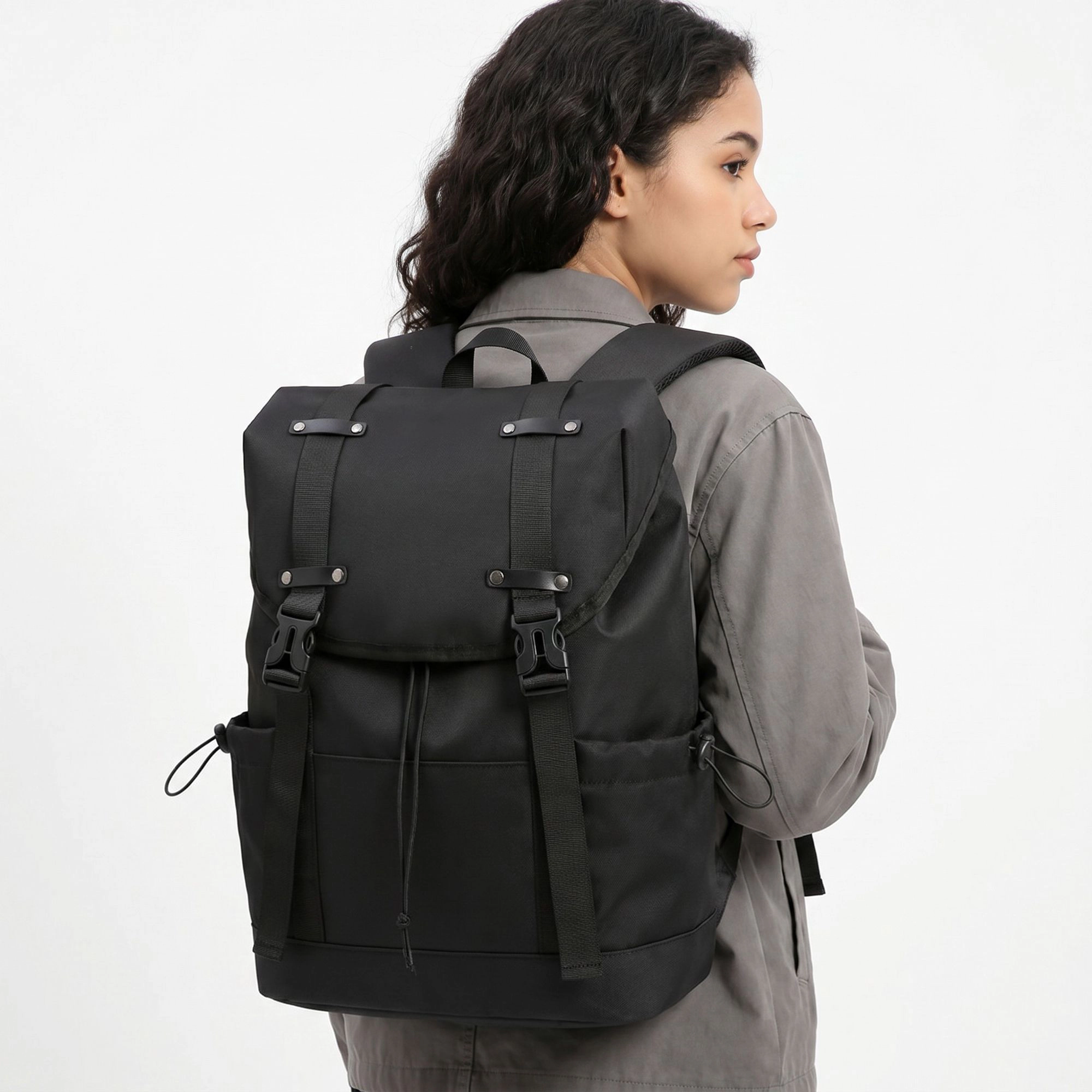 Alilang Women's Large Flap Backpack with Drawstring Closure Buckle Straps Side Pockets and Padded Shoulder