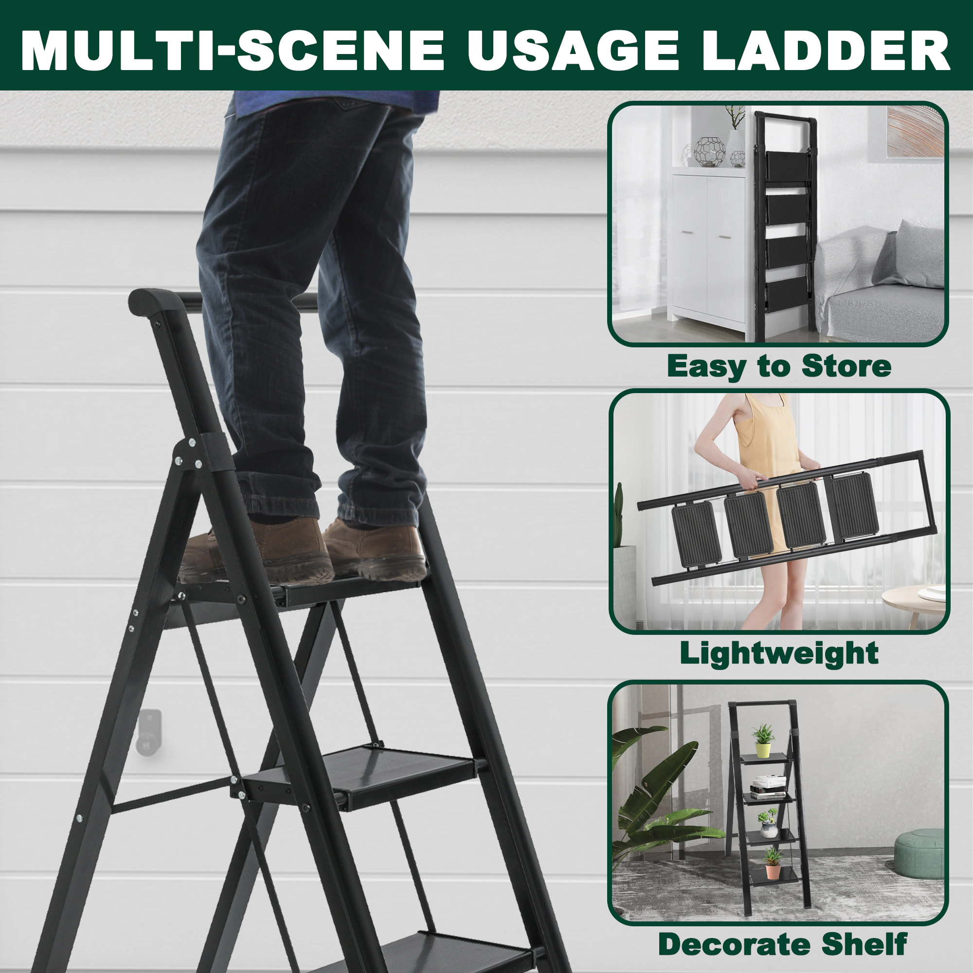 Flynama 4 Step Ladder- 330lb Capacity Steel Foldable Step Stool (Black)