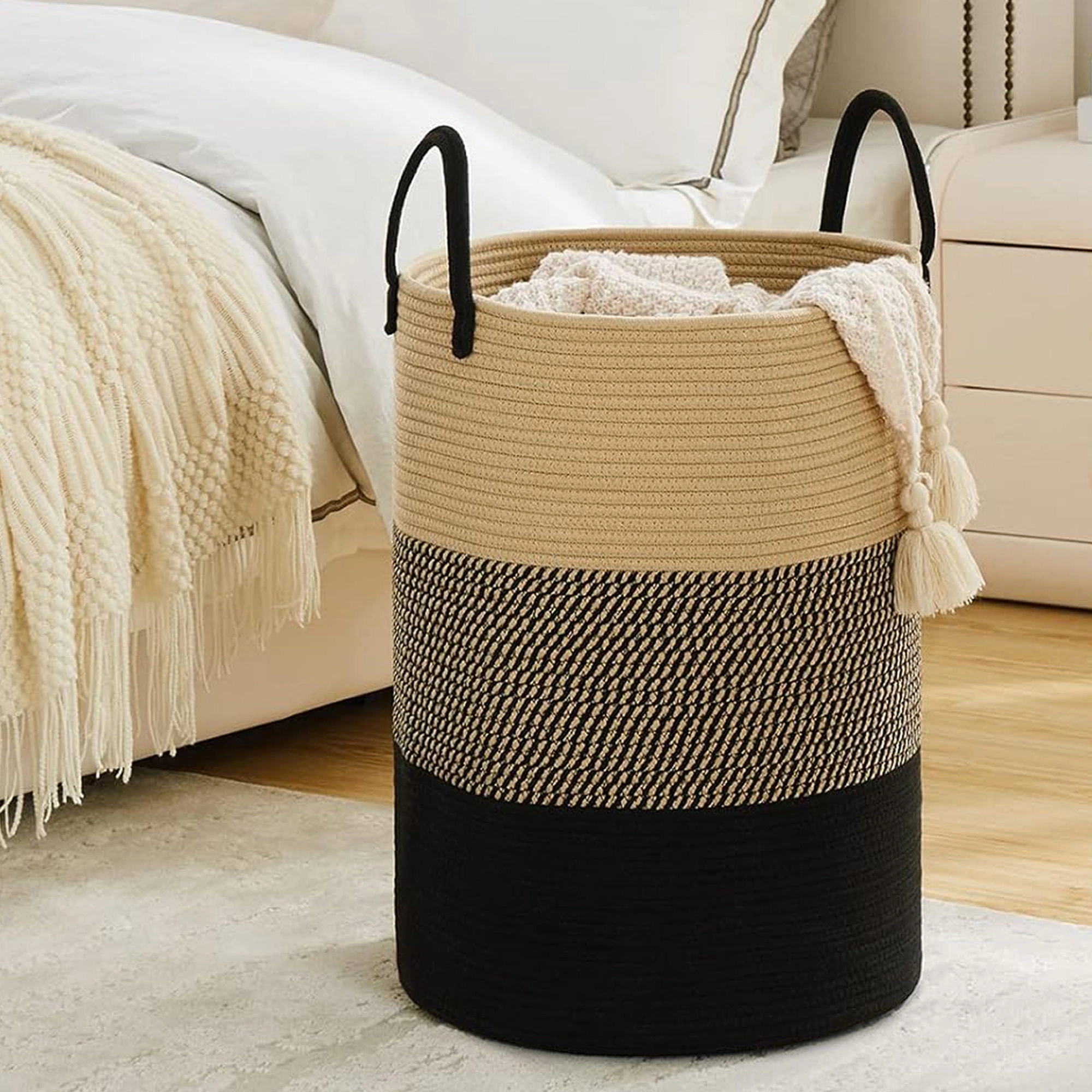 Cheer Collection Large Cotton Rope Laundry Hamper with Handles, 16 x 16 x 22 Inch