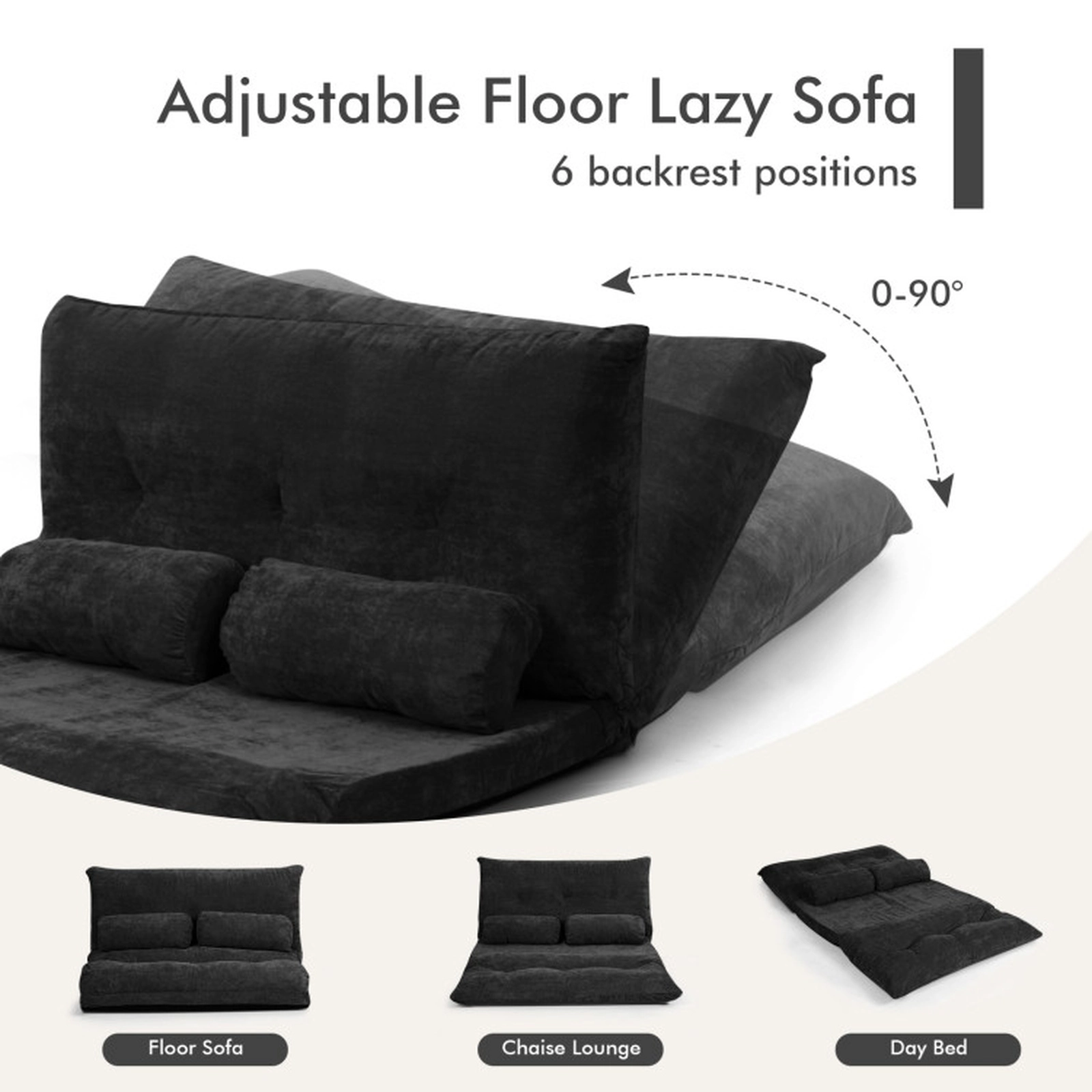 SUGIFT 6-Position 2 Pillows Ribbed Corduroy Convertible Floor Sofa Bed 71-in x 42.5-in x 7-in 330-lb Capacity Black