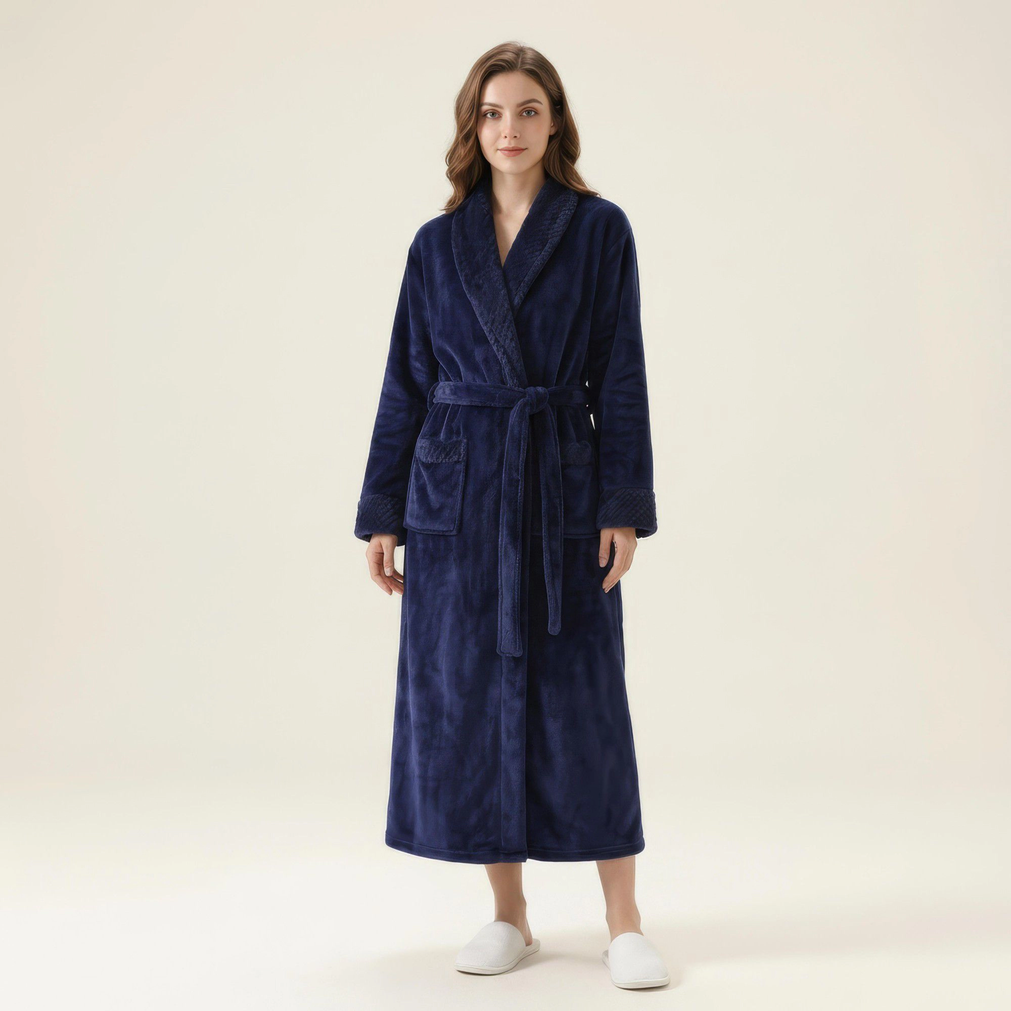 Anna-Kaci Women's Long Plush Robe with Shawl Collar Tie Waist Belt Front Pockets Soft Fleece