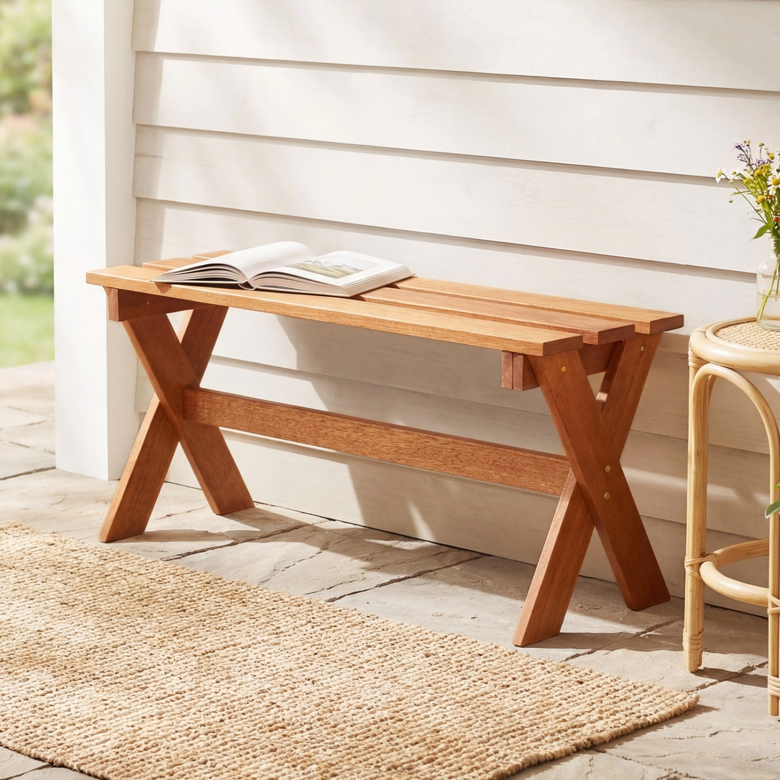 SUGIFT 36-in Outdoor Solid Hardwood Backless Patio Dining Bench 660-lb Capacity Set of 1 Teak Finish