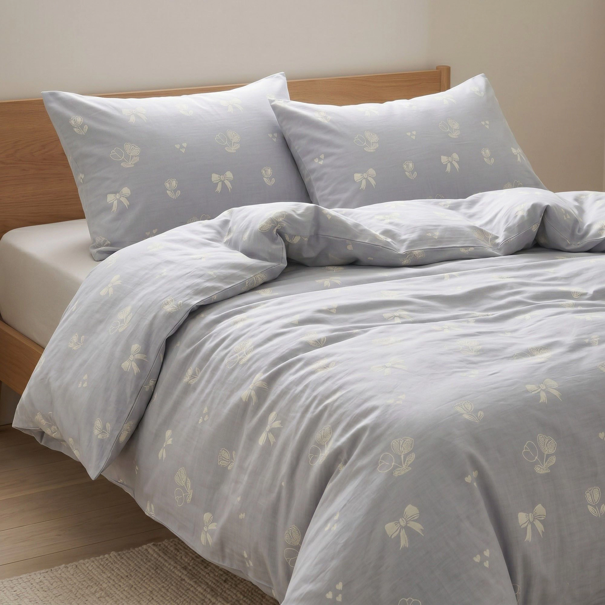Alilang Unisex 3-Piece Cotton Bedding Set with Duvet Cover and Pillowcases Soft Washed Fabric Minimal Floral Bow Print
