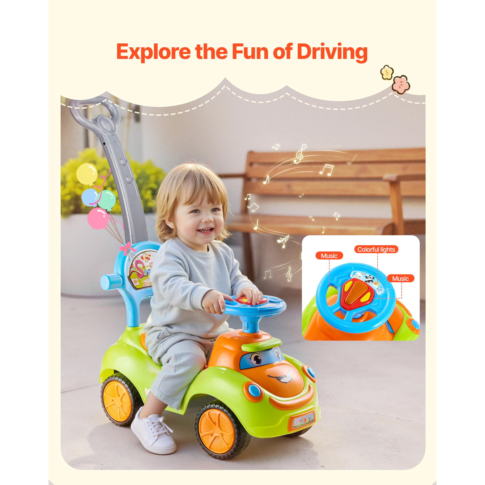 HONGGE 3-in-1 Ride On Push Car for Toddlers 19-36 Months, Foot-to-Floor Walker with Guardrails & Under-Seat Storage