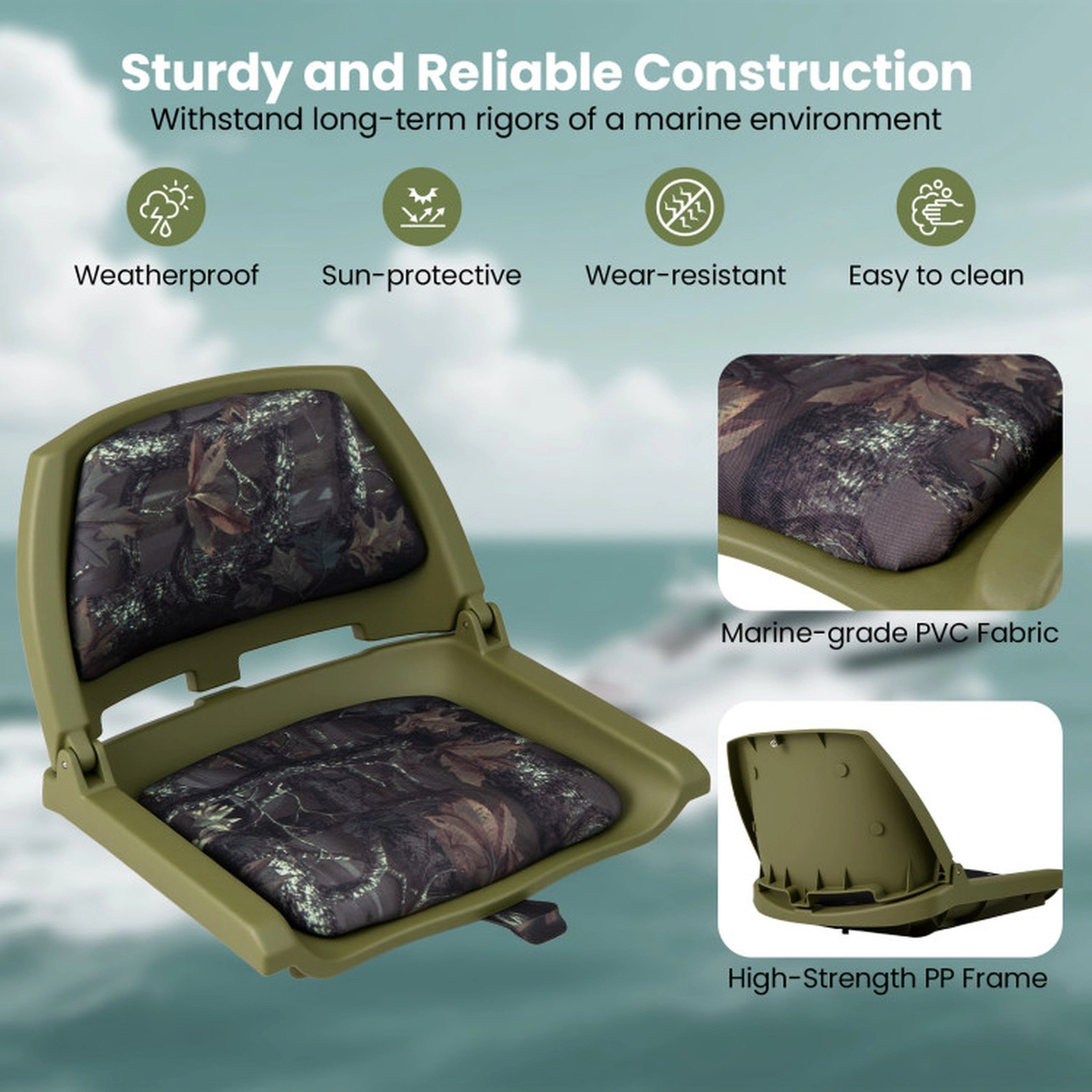 SUGIFT Green Folding Low Back Boat Chair with Marine Grade PVC 20-in W 19.5-in D 15.5-in H 330-lb Seat Capacity