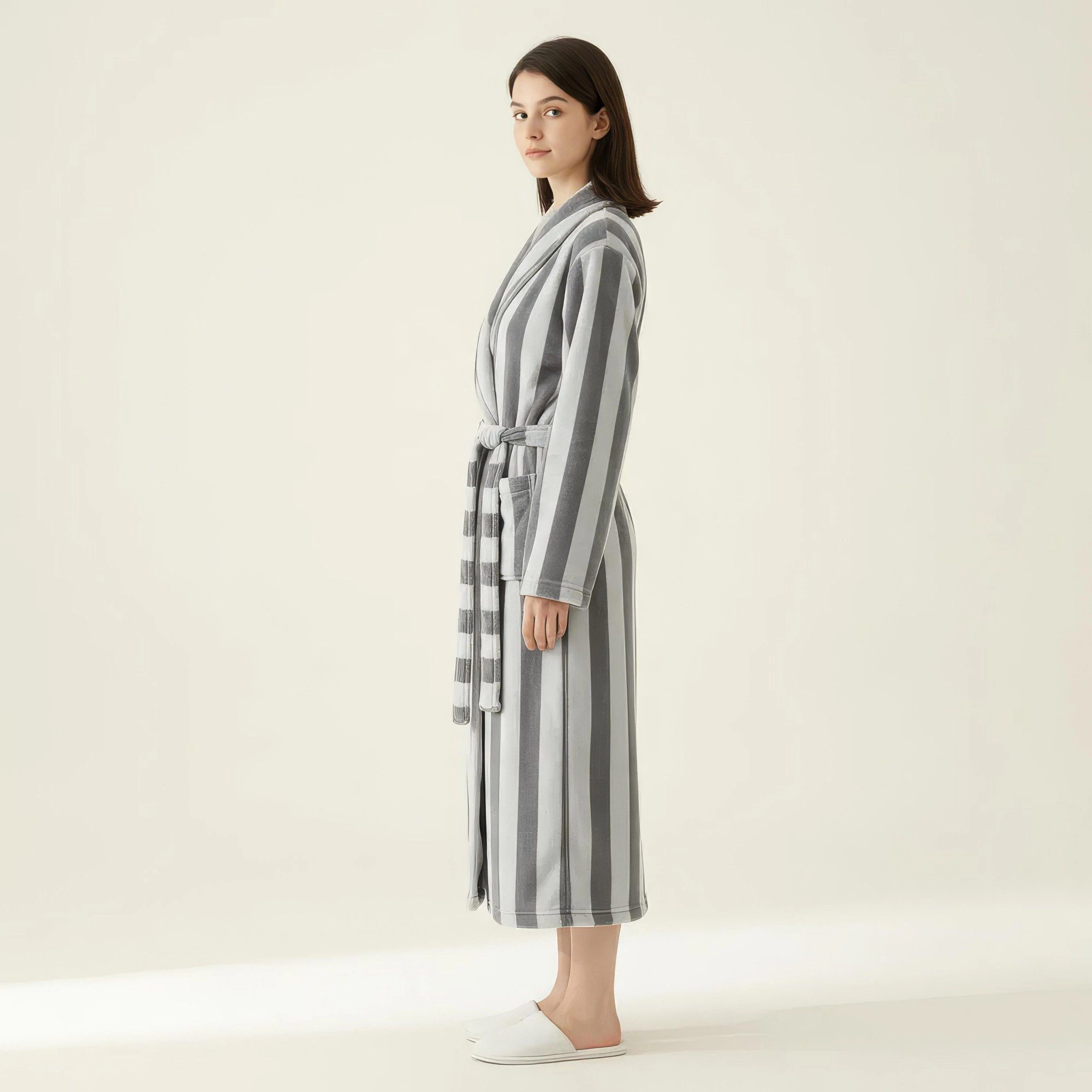 Anna-Kaci Women's Striped Plush Long Robe with Shawl Collar Tie Waist Belt Soft Textured Full Length Bathrobe