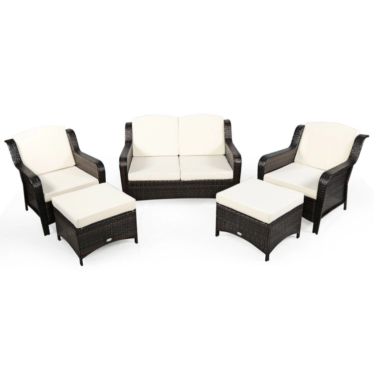 Hivvago 5 Pieces Patio Rattan Sofa Set With Cushion And Ottoman-Off White
