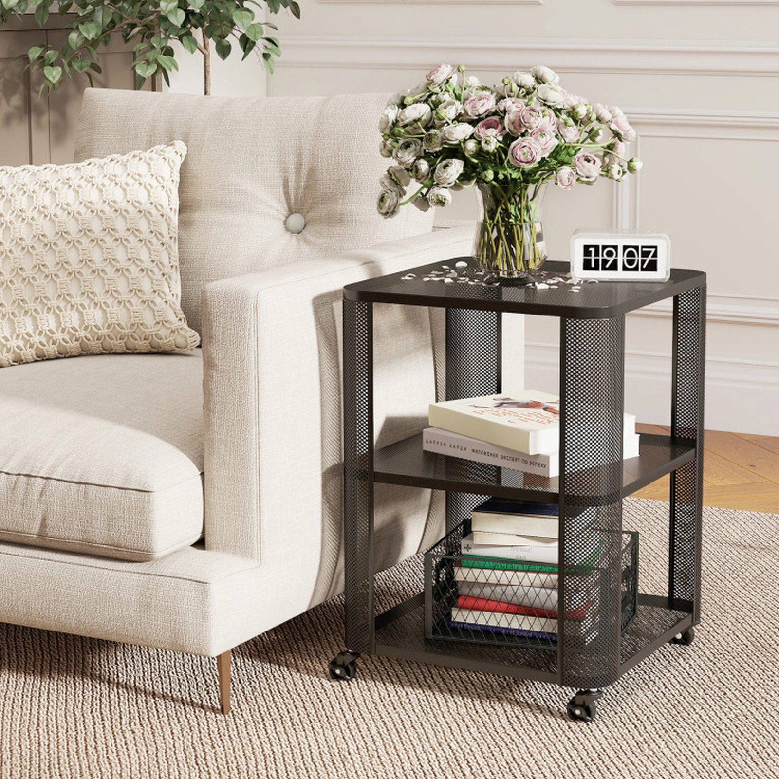 SUGIFT 3 Tier Metal Mesh Shelves Lockable Rolling Storage End Table In Black