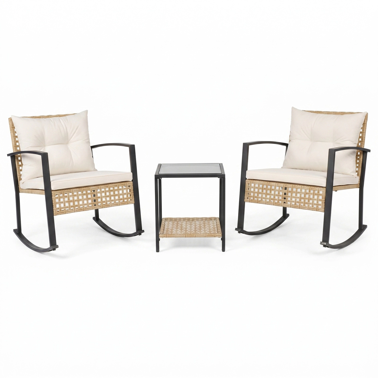 SUGIFT 3-Piece Mixed Yellow Wicker Rocking Patio Set with 2 Chairs and 2-Tier Glass Table