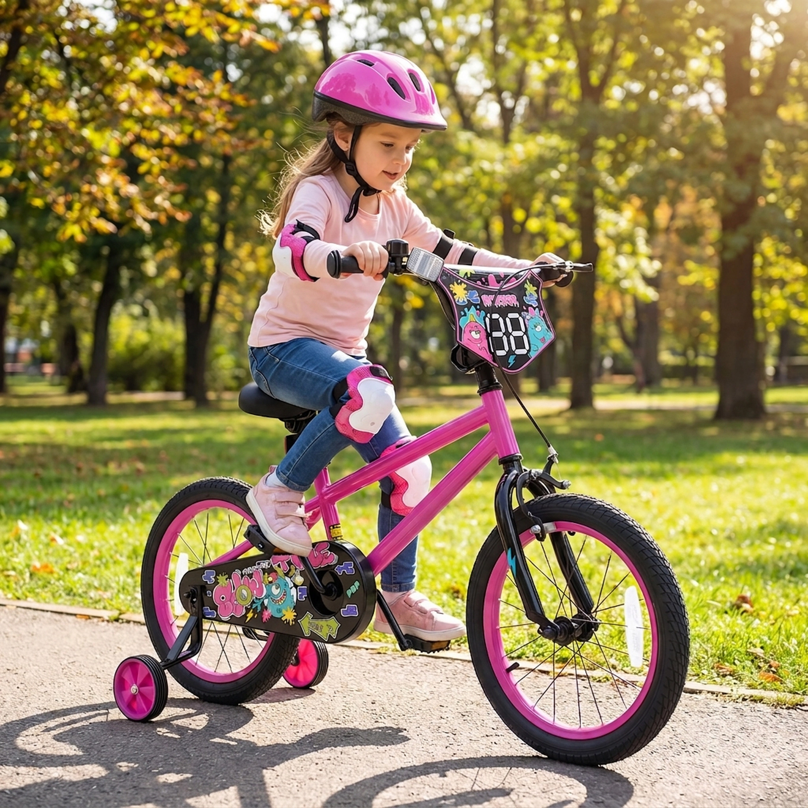 16-in Girls Bike with Training Wheels Tool-Free Seat Clamp and Sealed Chain Cover for Ages 4-7 Number Plate Kids Bicycle