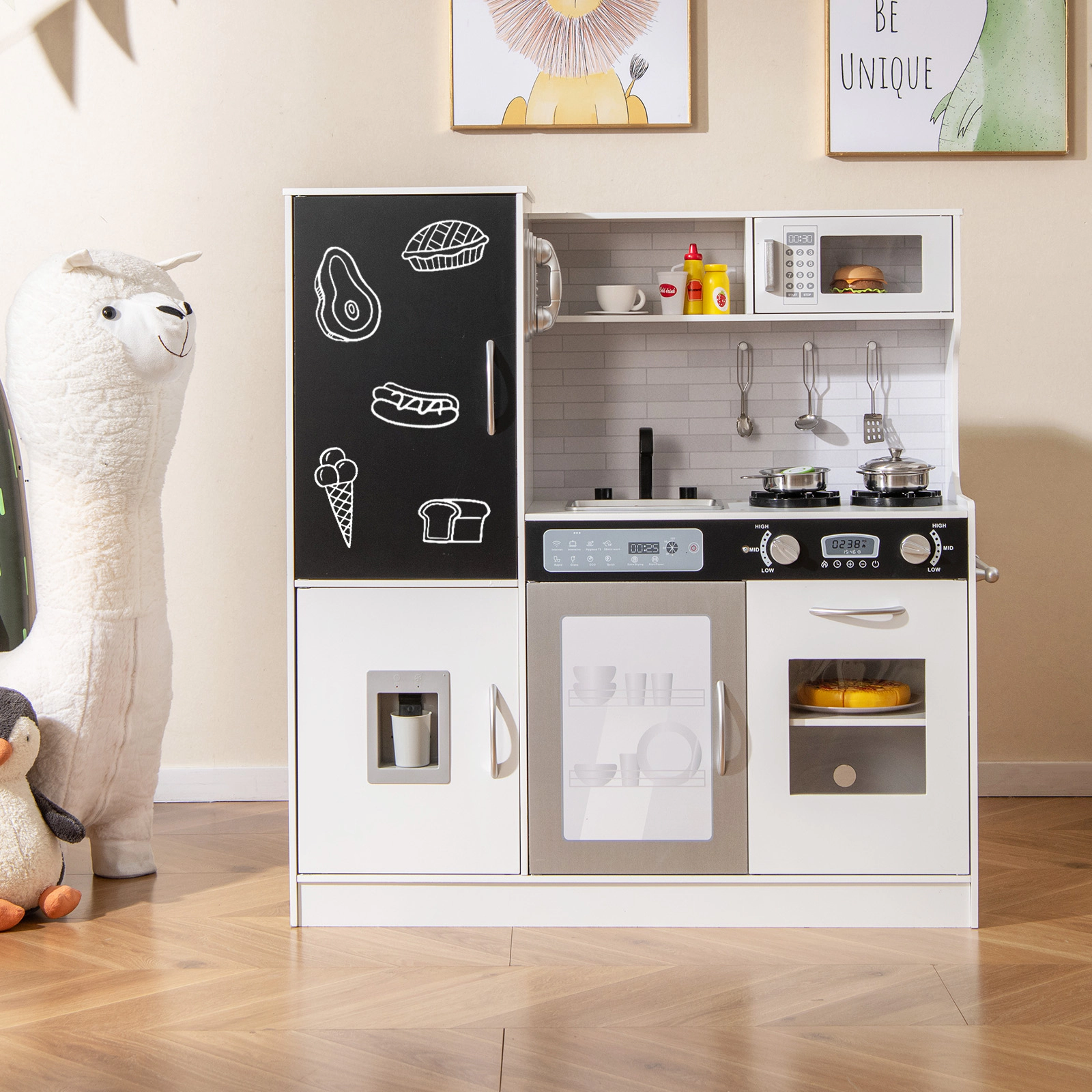 Pretend Play Kitchen for Kids Lighted Water Dispenser Dishwasher Chalkboard Utensils 36-in x 12-in x 39-in Silver
