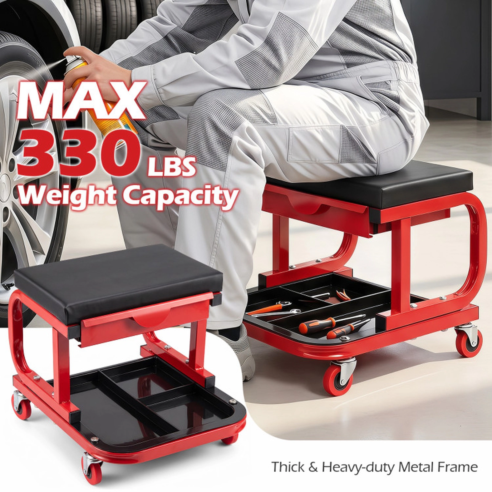 SUGIFT Mechanic Rolling Stool with Tool Trays and Magnetic Drawer 330-lb Capacity 17.5-in Frame with 14 x 9-in Seat Red
