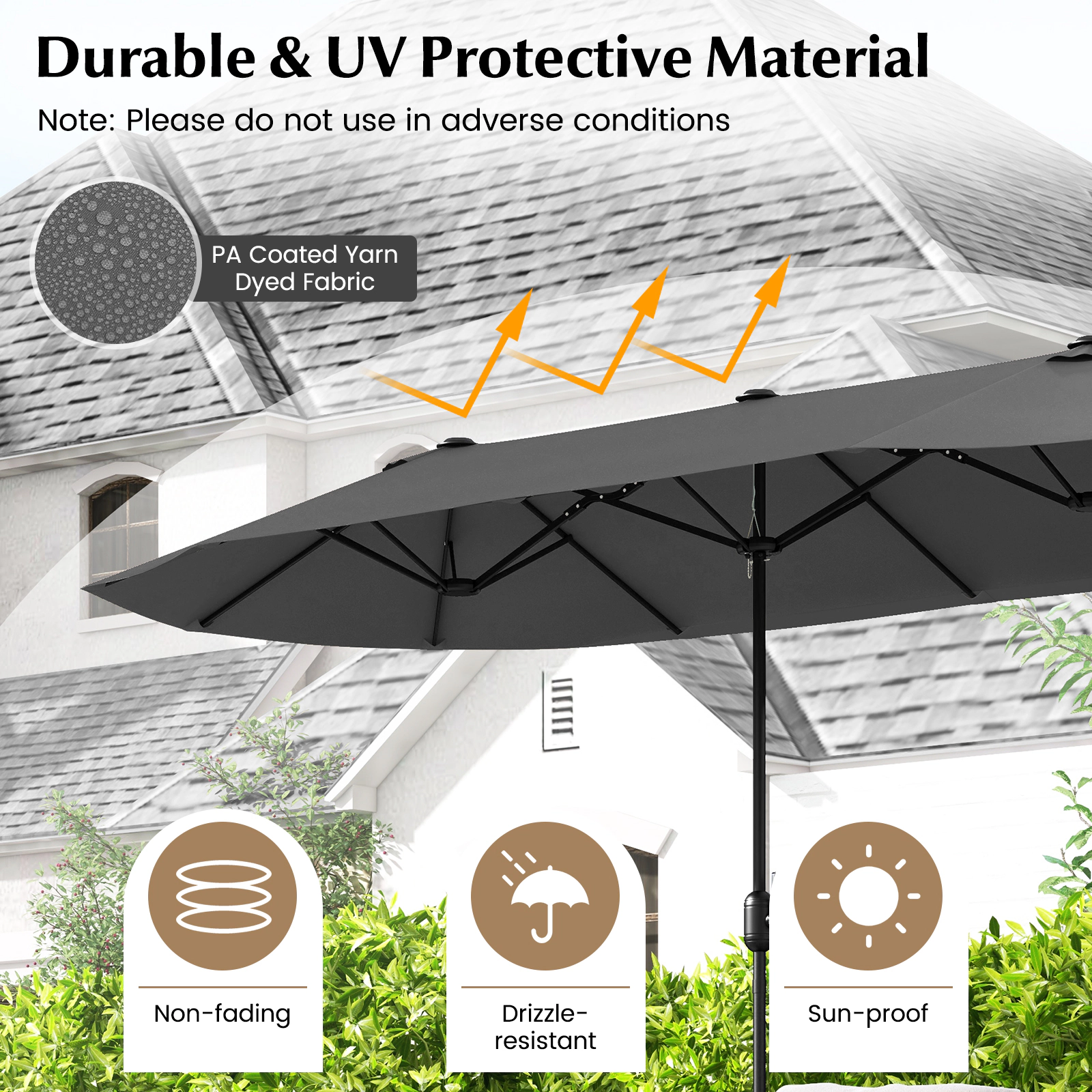 SUGIFT 13 ft Gray Rectangular Double-Sided Patio Umbrella with Crank Lift, 12 Ribs and Fillable Base