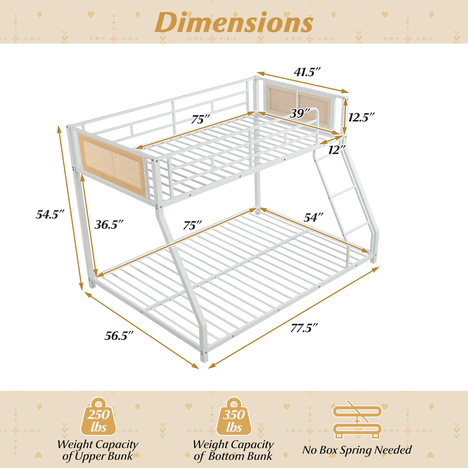 SUGIFT Metal Twin-Over-Full Bunk Bed with Guardrail and Ramp Ladder 250-lb Upper 350-lb Lower Capacity White
