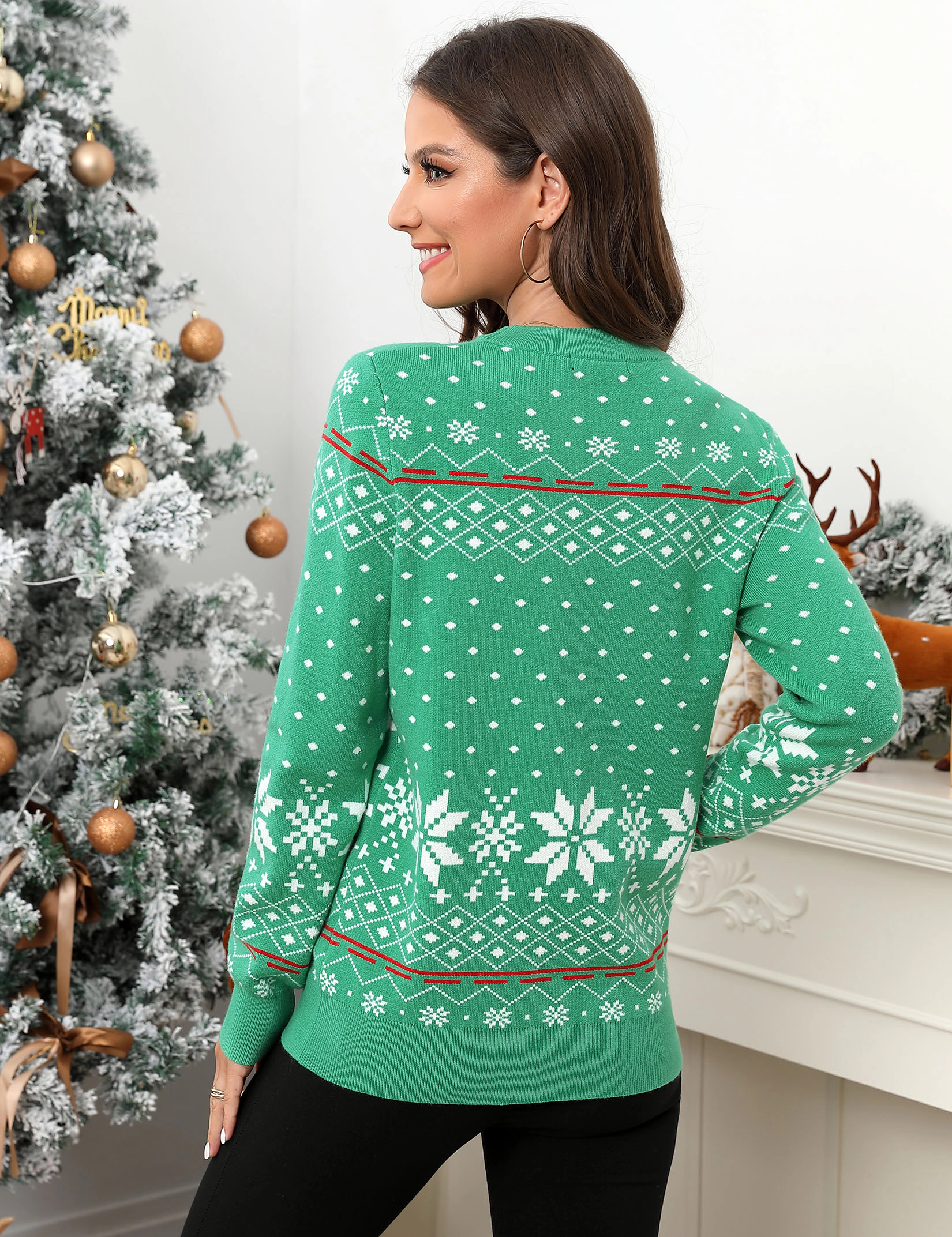 KOJOOIN Women Christmas Sweater Crew Neck Reindeer Fair Isle Snowflake Heart Pattern Holiday Knit Pullover