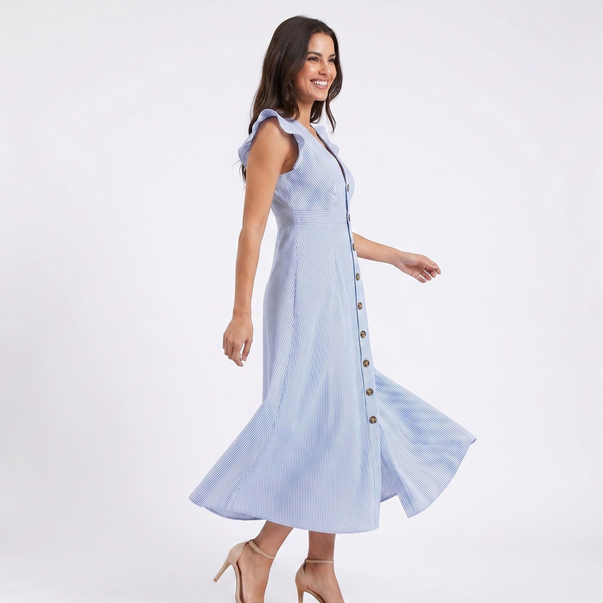 Anna-Kaci Women's Striped Button Front Flutter Sleeve Midi Dress