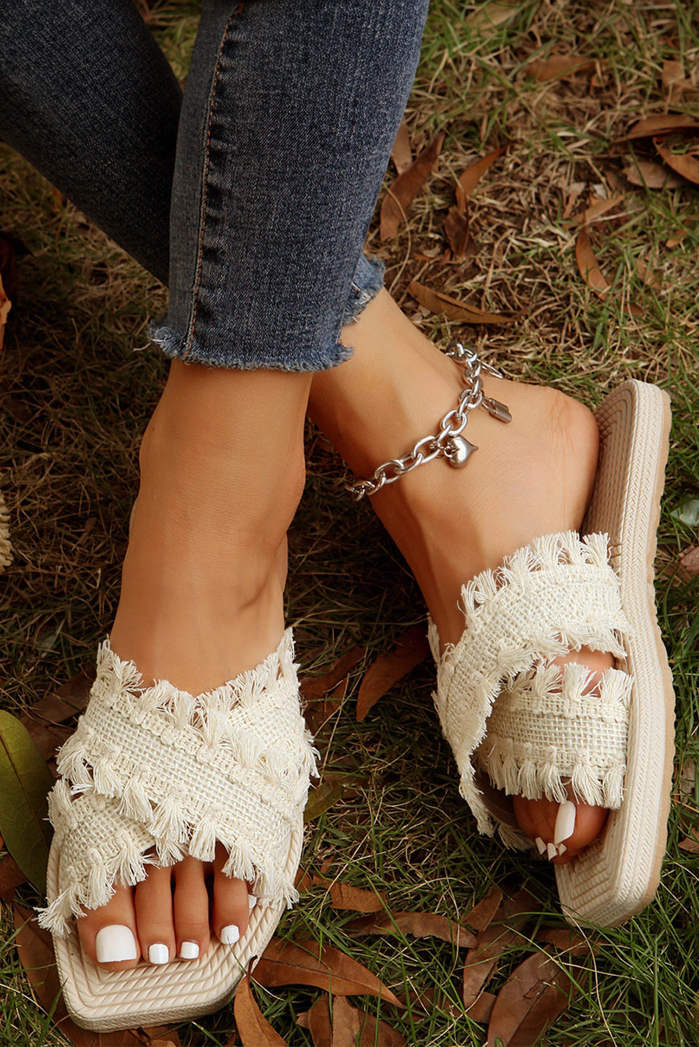 Threaded Pear Women's Vada Tassel Woven Crossed Straps Flat Slippers