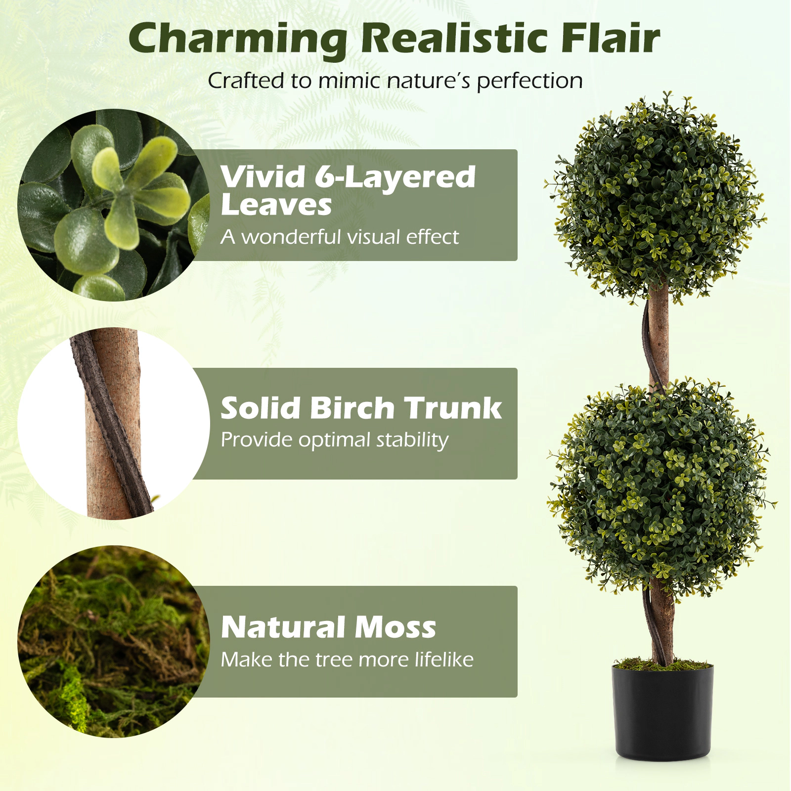 SUGIFT Set of 2 35.5-in Artificial Double Topiary Ball Trees with 10.5-in Balls and Birch Wood Trunks