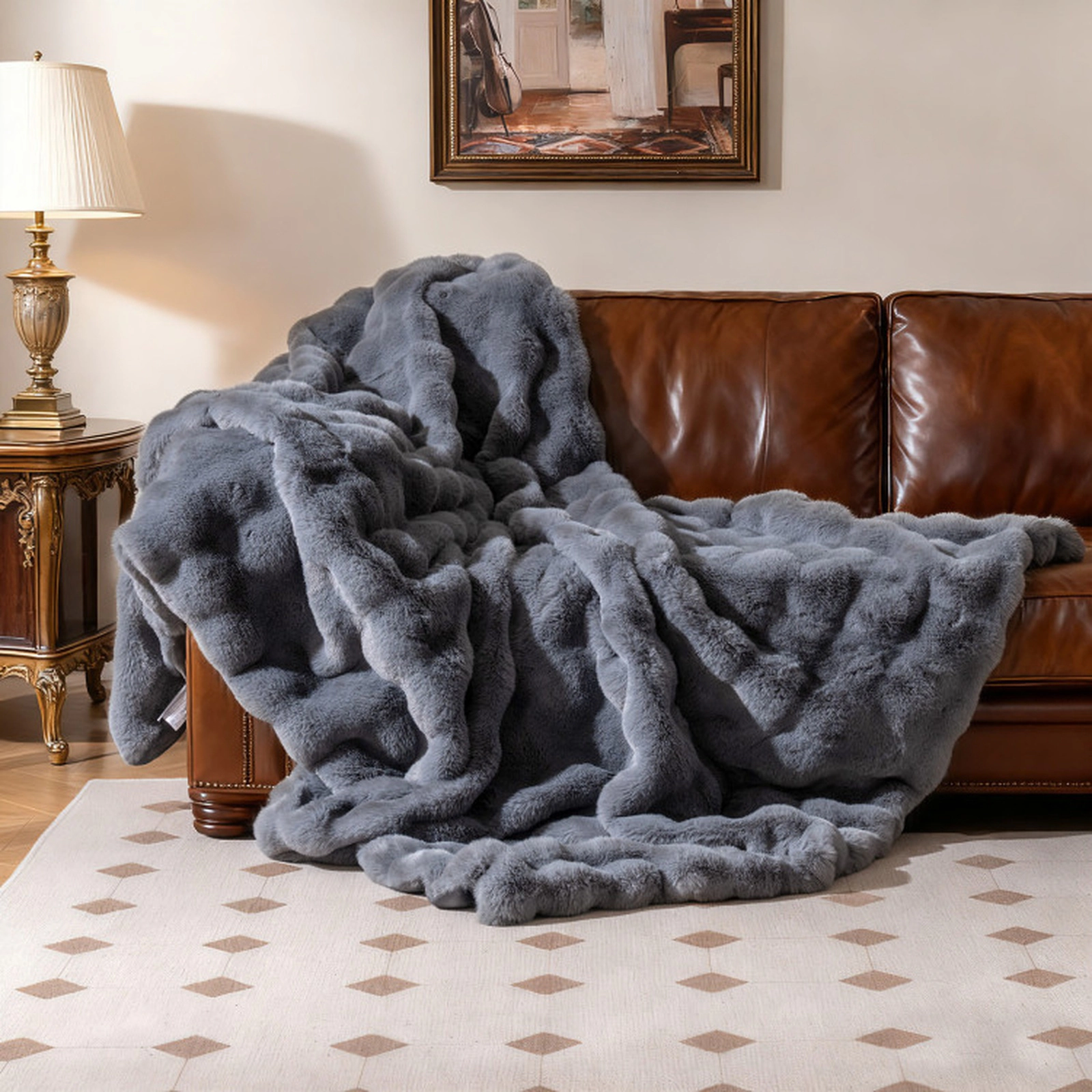 SUGIFT Twin Size Double Sided Faux Rabbit Fur Flannel Blanket 620GSM Fur 210GSM Flannel 60 x 80-in 6.5-lb Gray