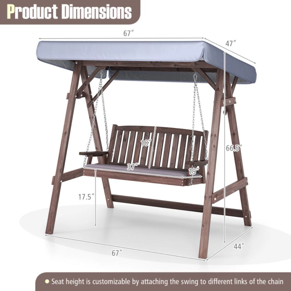 Hivvago 2-Person Porch Swing With Fir Wood Stand And Tilt Canopy-Brown
