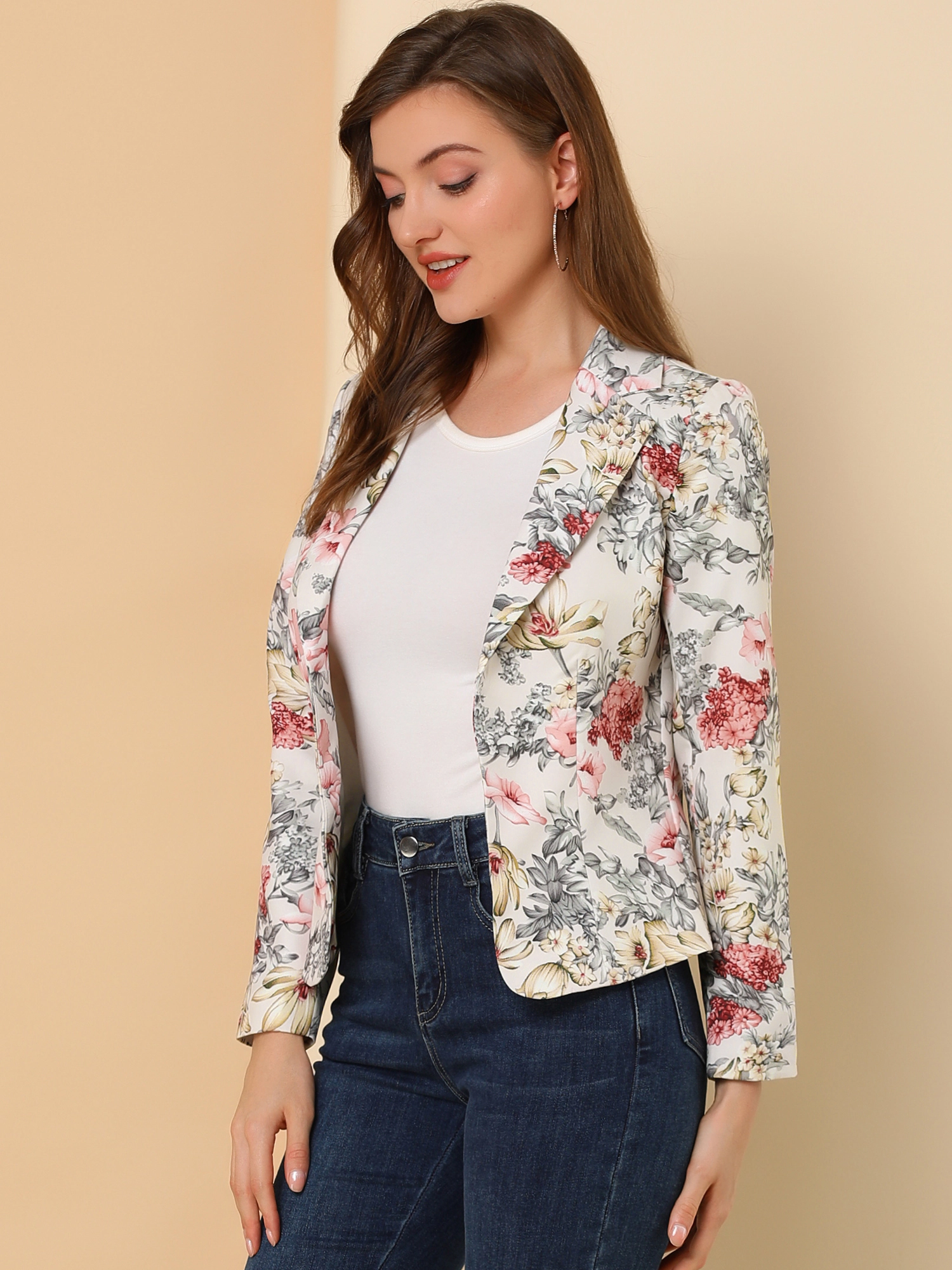 INSPIRE CHIC Women's Notched Lapel Open Front Print Business Casual Blazer