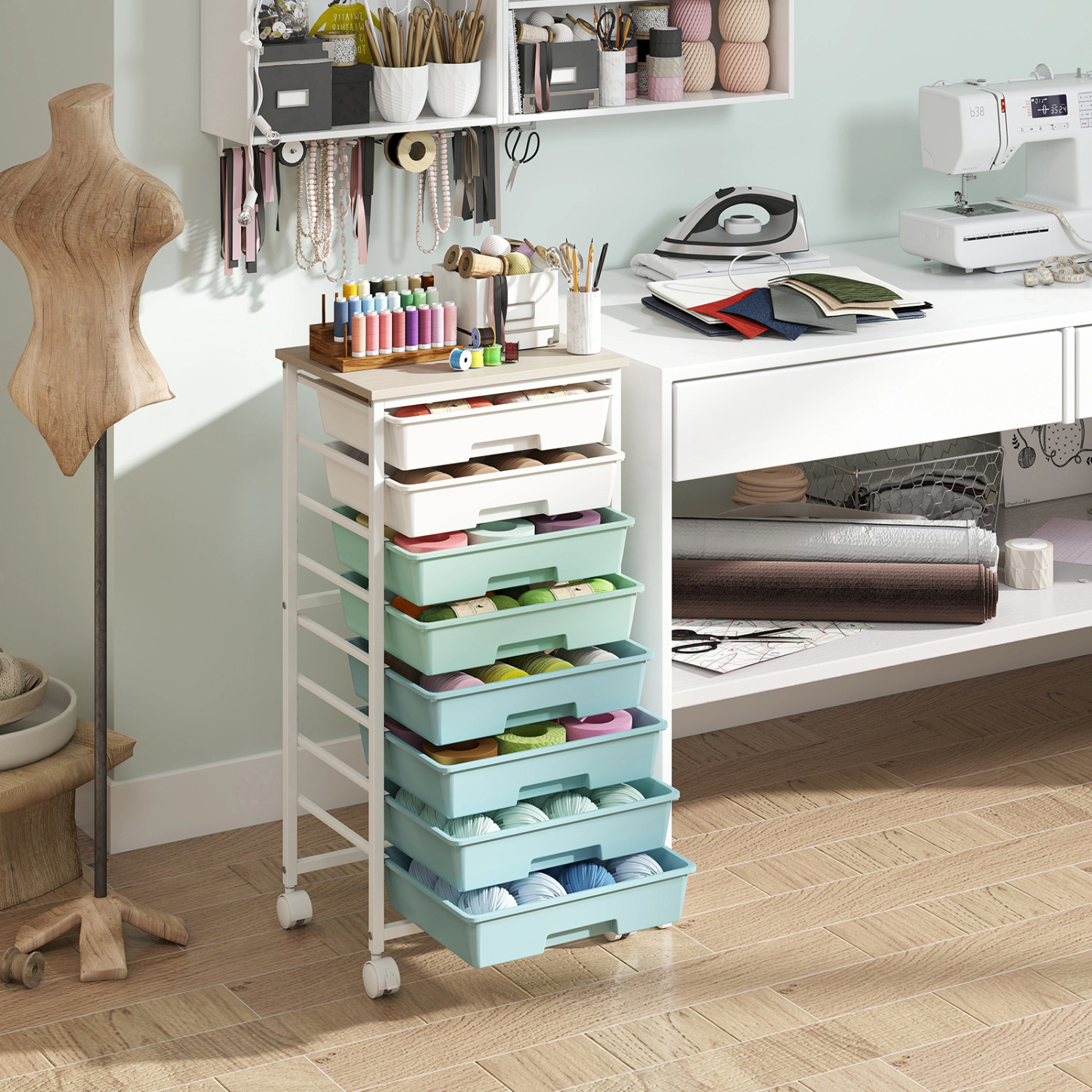 LJG Rolling Cart with 8 Drawers and Wooden Tabletop Lockable Wheels for Home Office