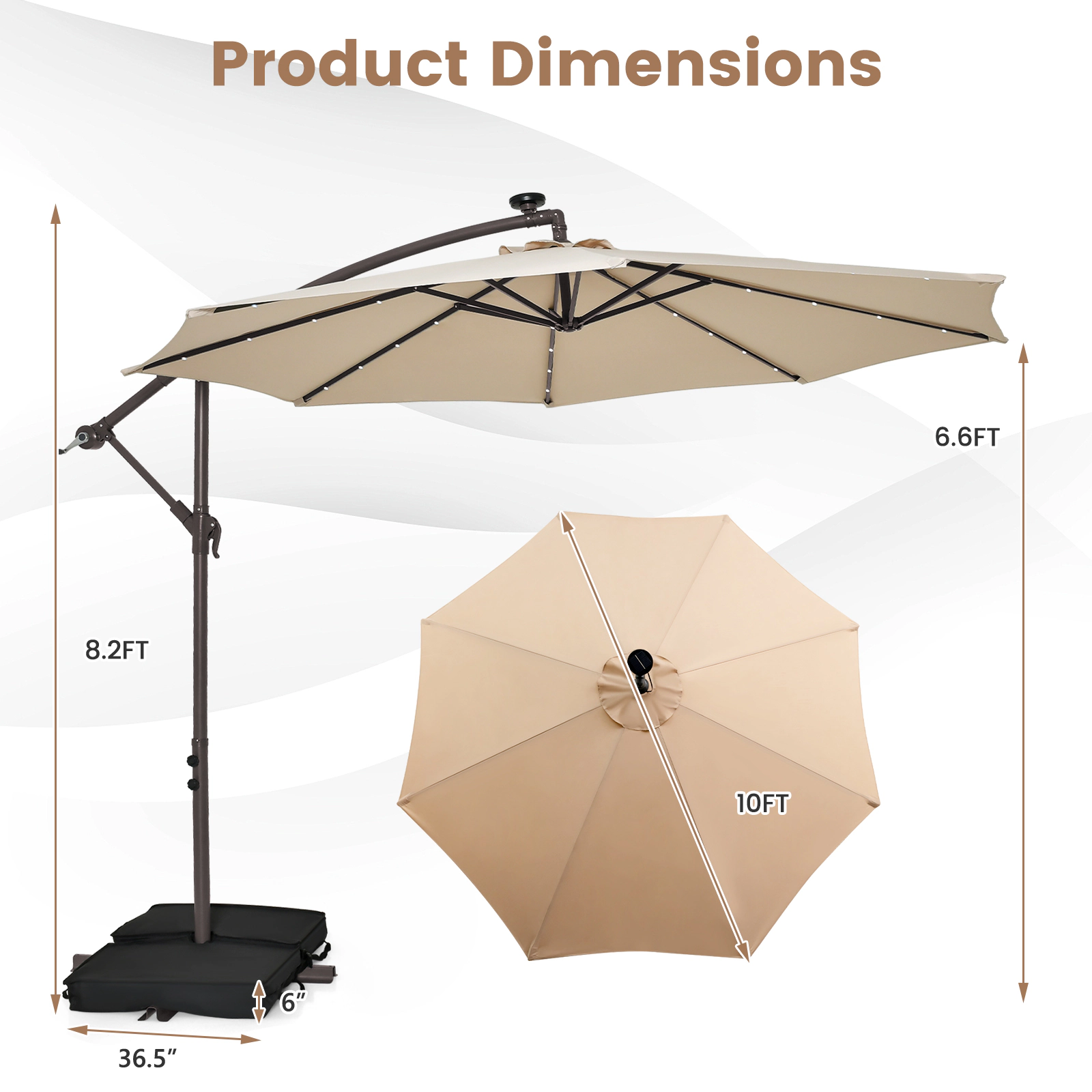 SUGIFT 10-ft Cantilever Patio Umbrella with Solar LED Lights, 10-ft Canopy, 6.5-ft Canopy Height and Sand Bag Base Beige