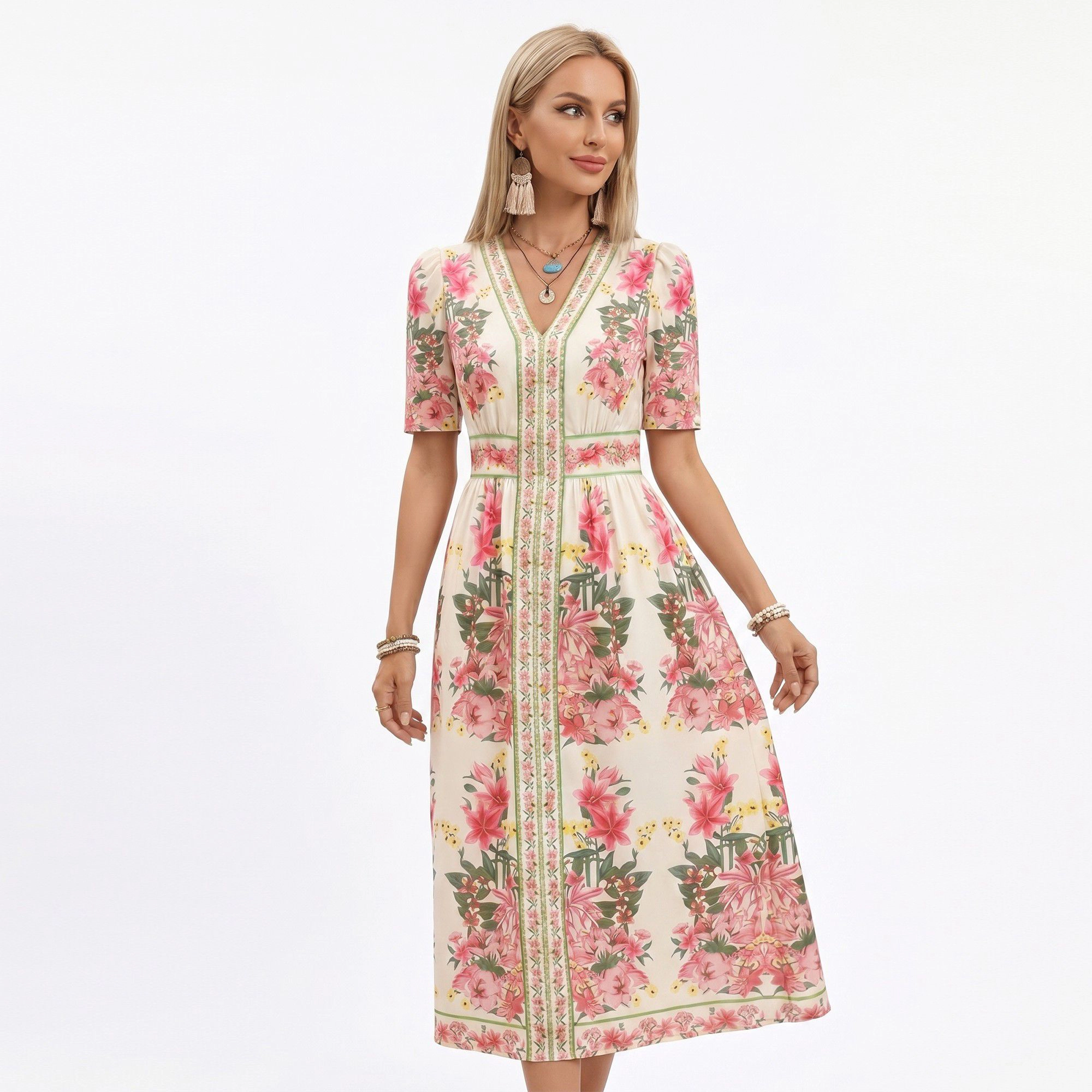Anna-Kaci Women's Floral V-Neck Short Puff Sleeves Waist Midi Dress
