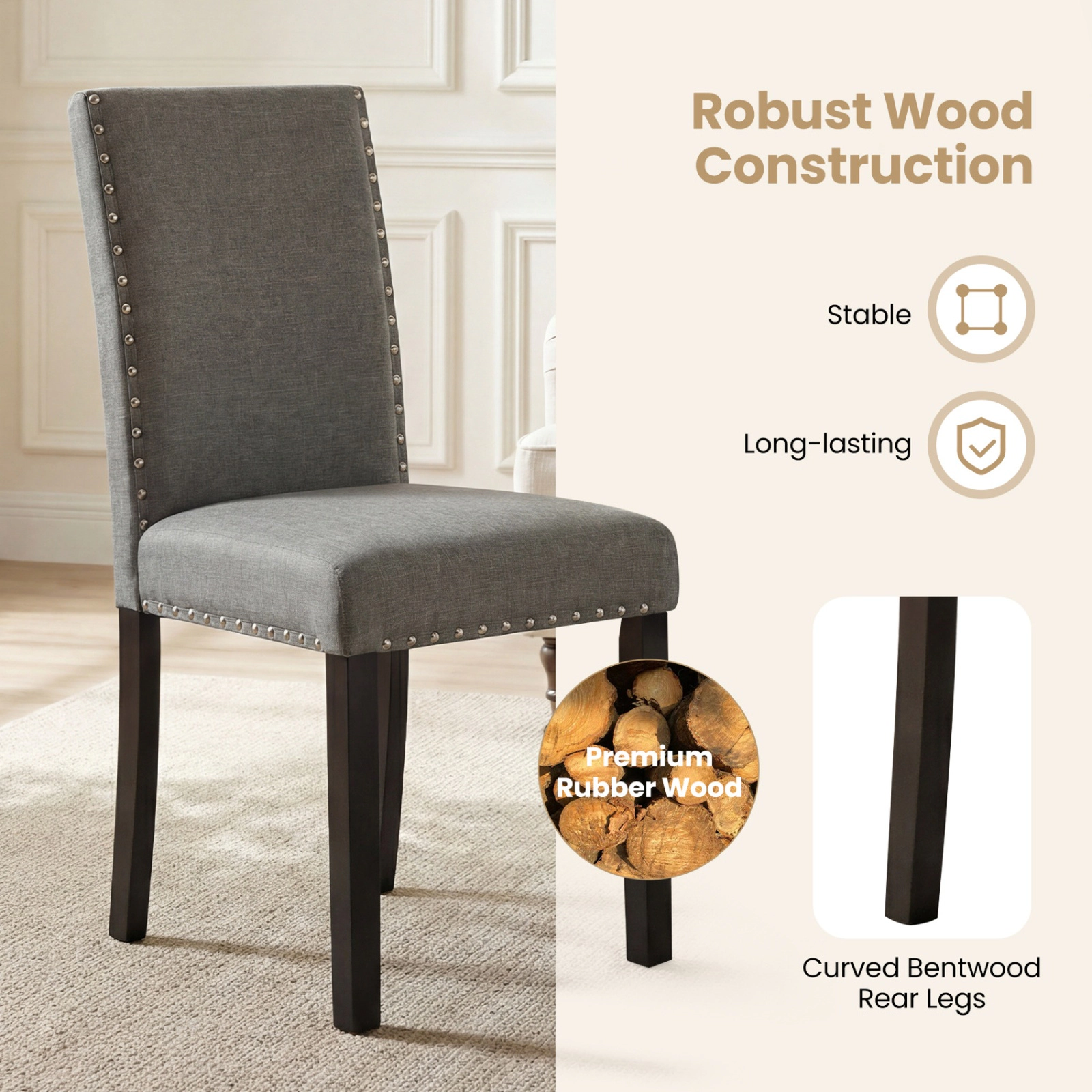 SUGIFT Upholstered Wooden Dining Chairs Set of 2 with Bent Wood Legs 400-lb Capacity 20-in Seat Height Gray