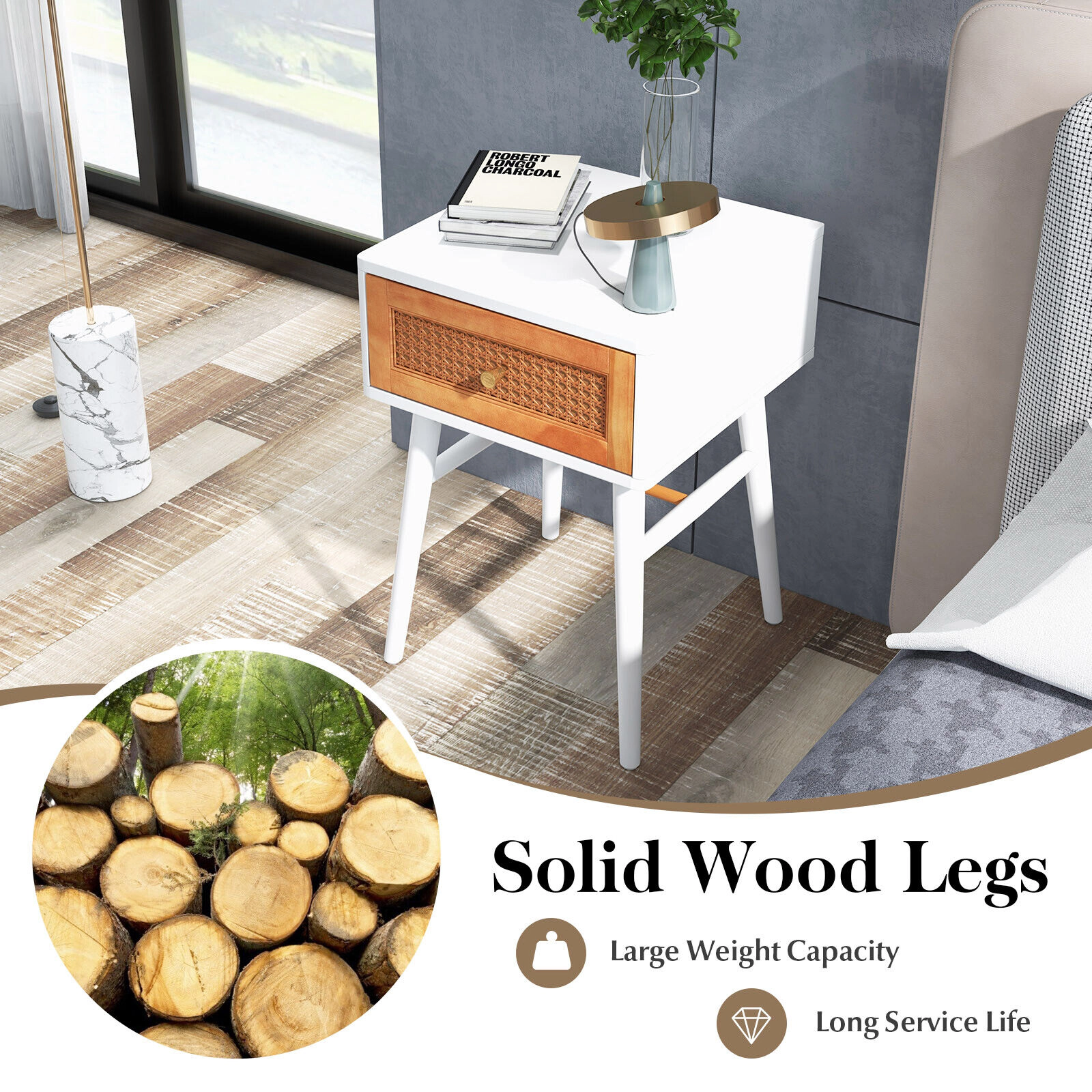 Glintex 1-Drawer Bedside Table with Rattan Front Panel and Solid Pine Wood Legs, White