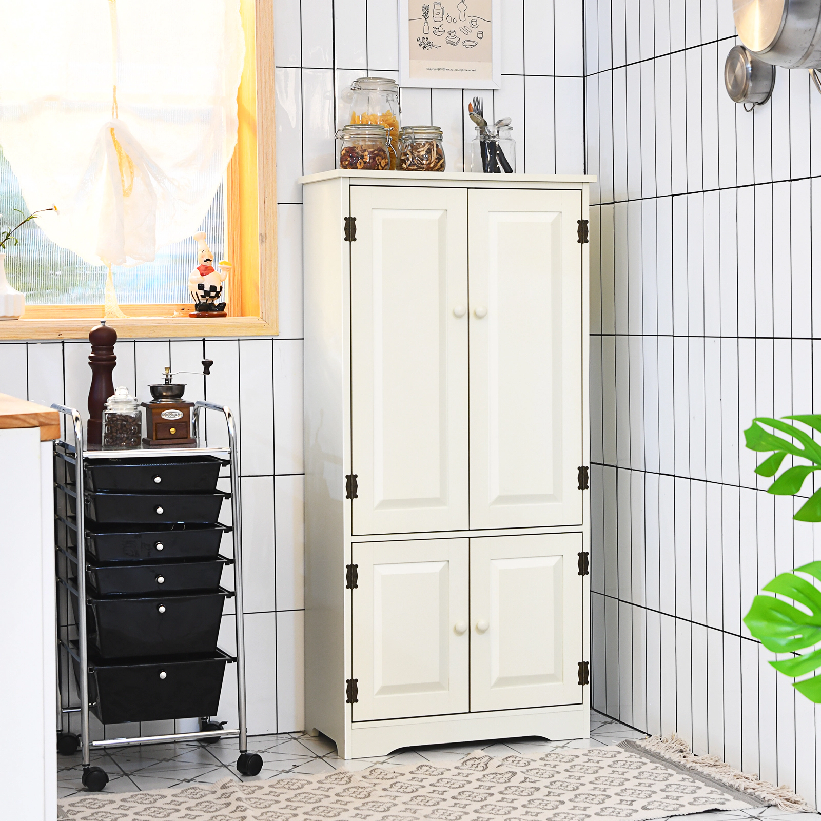 SUGIFT 49-in Tall 24-in Wide White Antique Accent Storage Cabinet with 2 Doors and 5-Height Adjustable Shelves