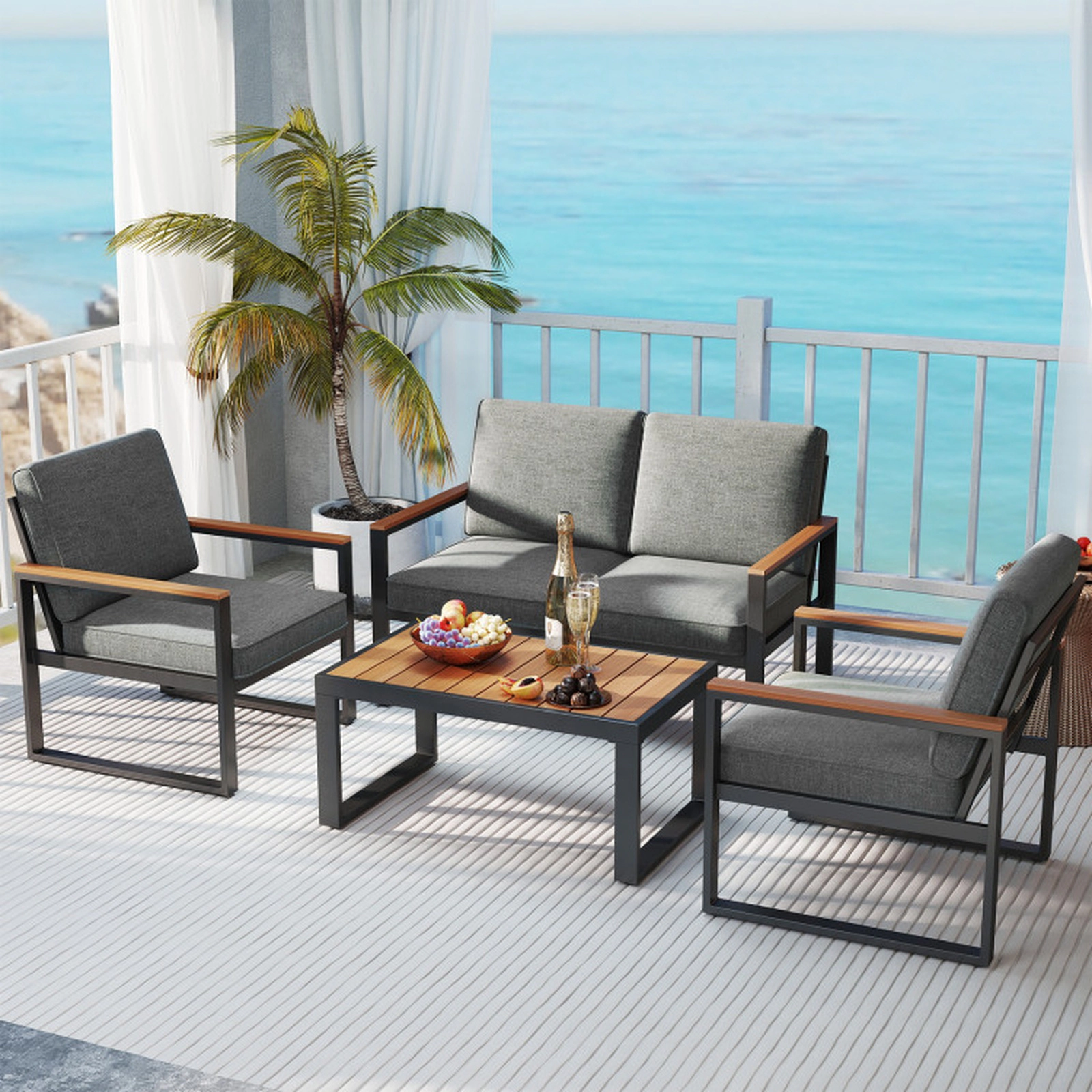 SUGIFT Set of 2 Aluminum Wood-Plastic Armrests Patio Armchairs 28.5-in x 27-in x 29.5-in 400-lb Capacity Gray