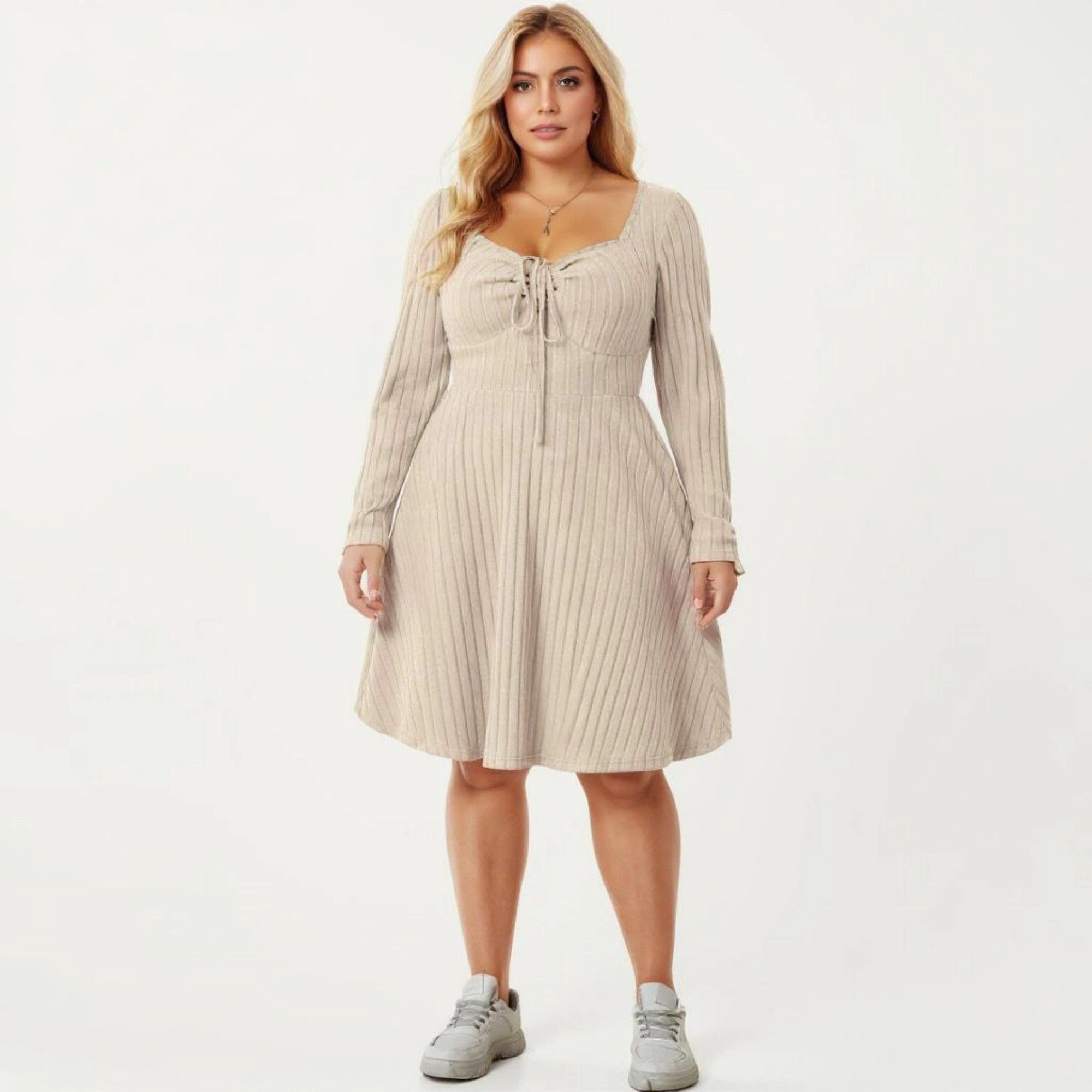 Anna-Kaci Women's Plus Size Long Sleeve Ribbed Tie Front Flared Skirt Knit Dress