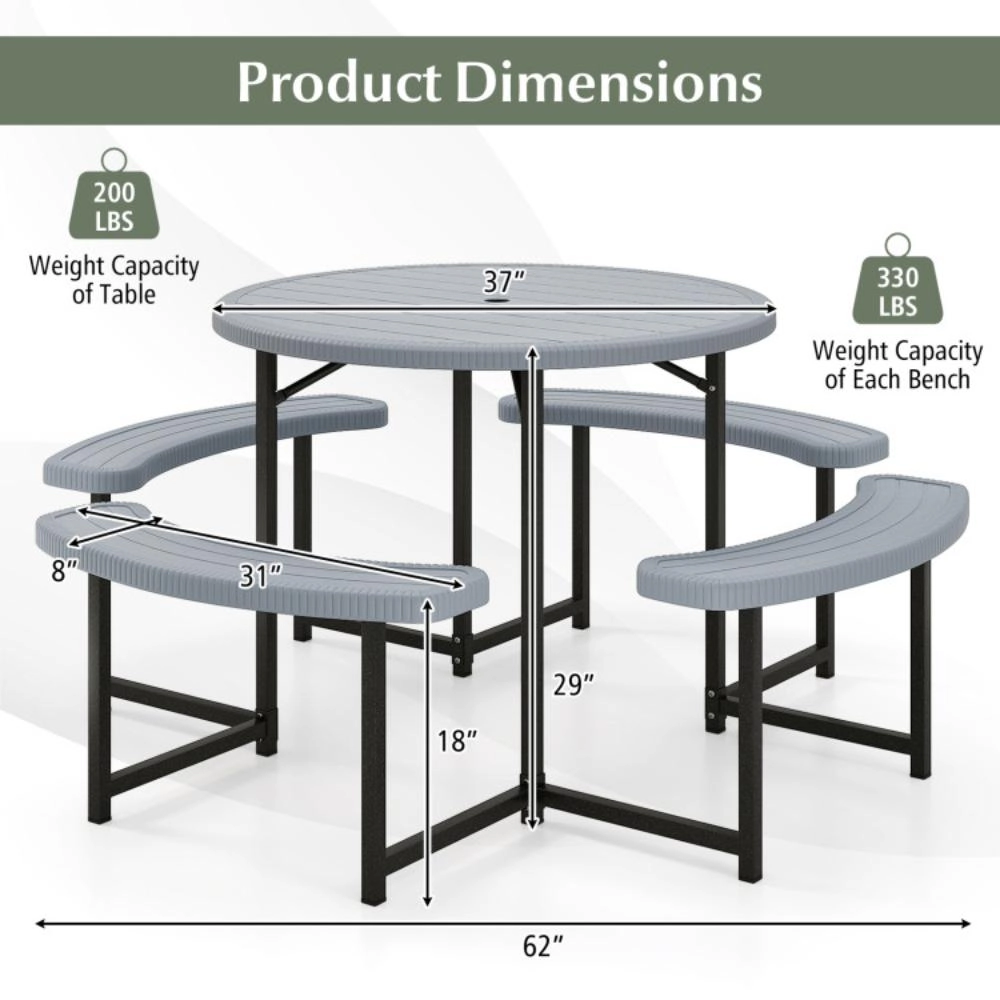 Hivvago Round Picnic Table Bench Set With 4 Benches And Umbrella Hole For Patio Lawn