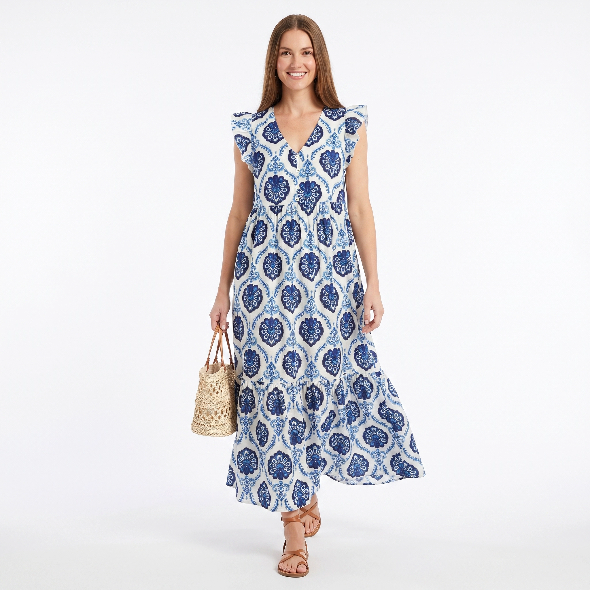 Anna-Kaci Women's V-Neck Ruffle Cap Sleeve Paisley Tiered Midi Dress