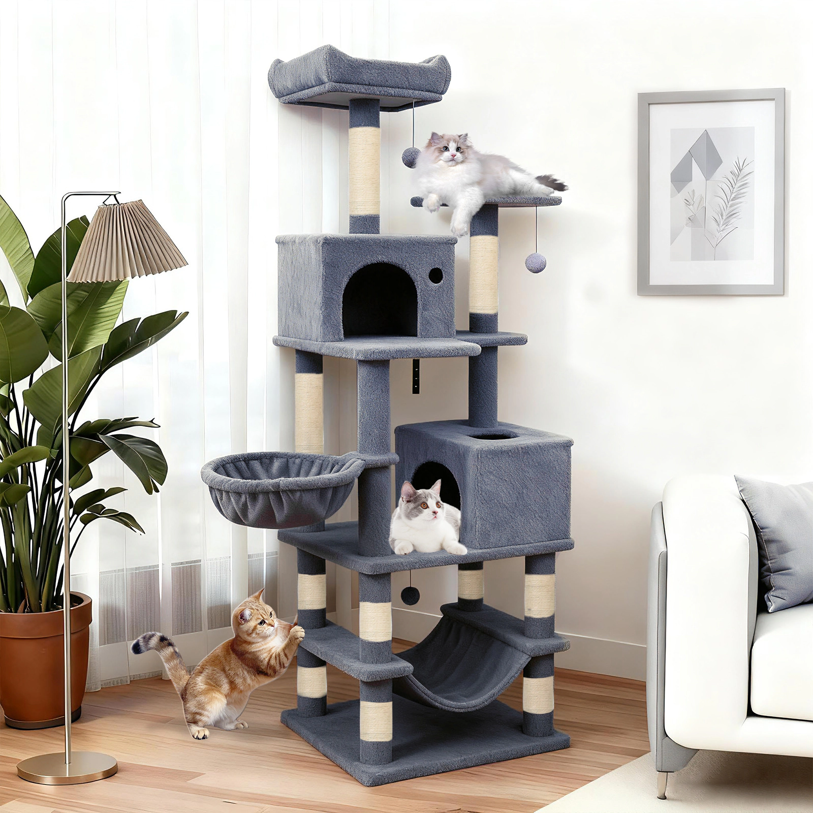 SUGIFT 66-in Dark Gray Multi-Level Cat Tree Tower with 2 Condos Skylight Hammock and Sisal Posts