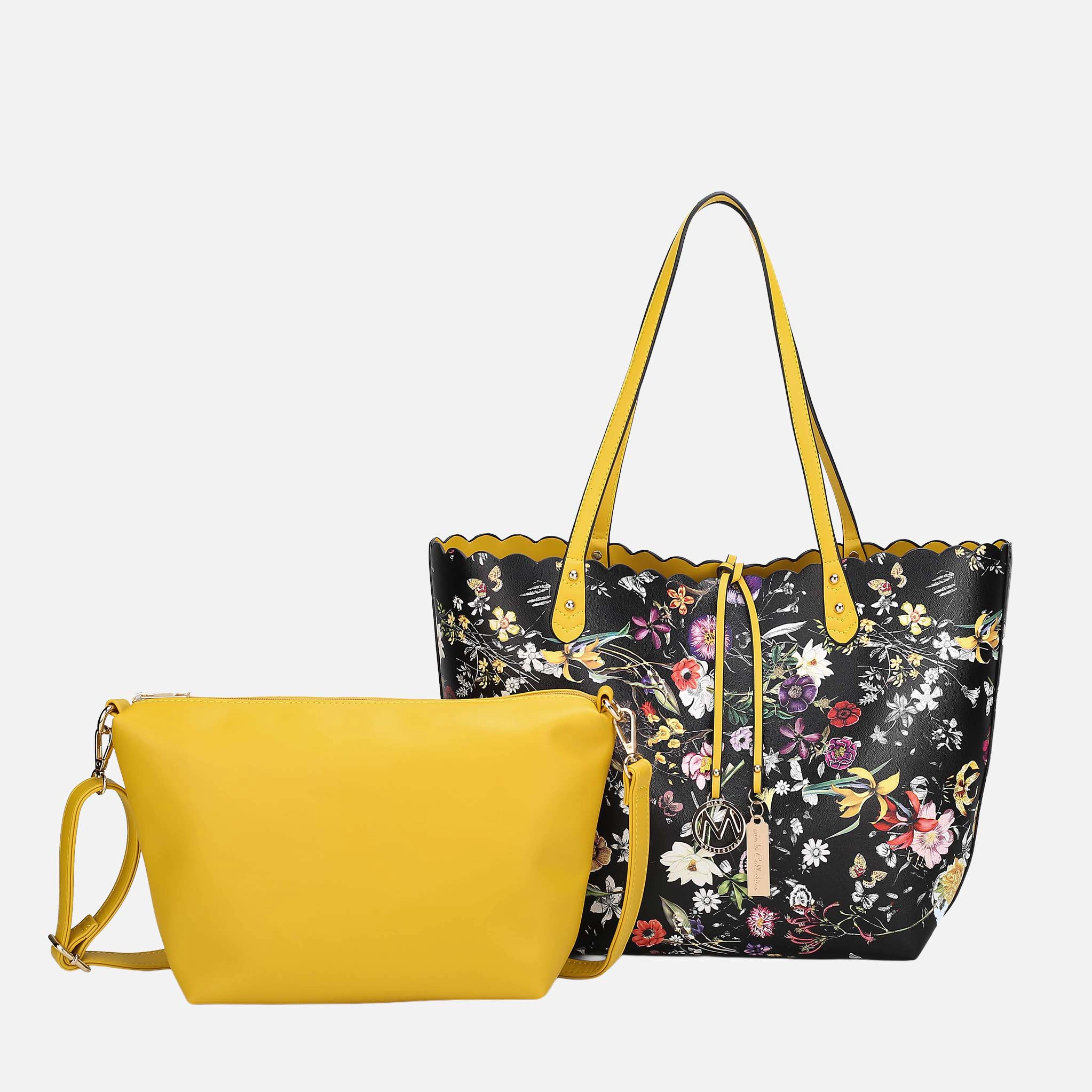Mia K Collection Danielle Reversible Shopper Tote Bag - Vegan Leather, Flower Print, Removable Crossbody Pouch
