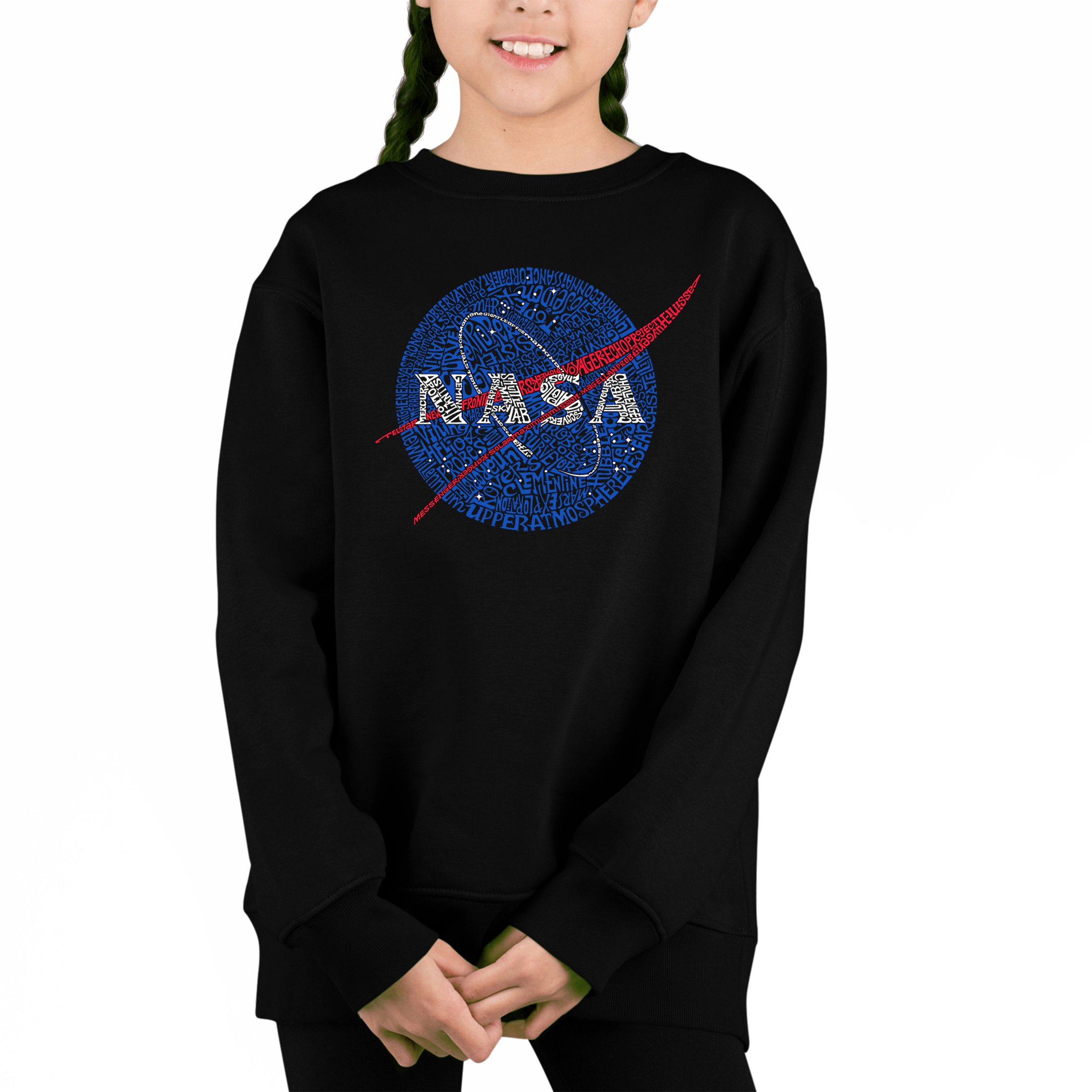 LA Pop Art Girl's Word Sweatshirt - Nasa's Most Notable Missions