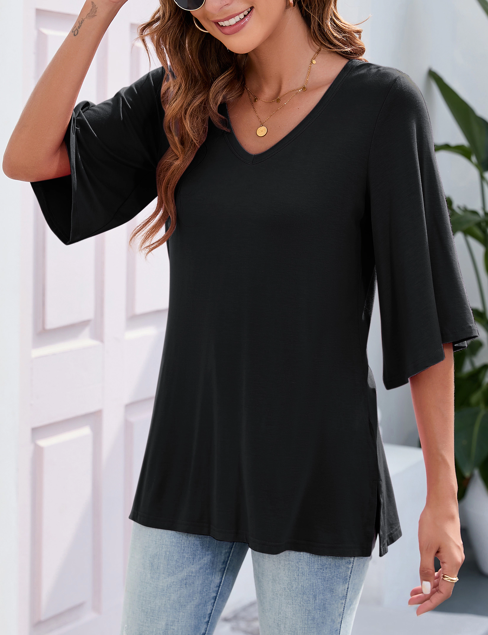 KOJOOIN V Neck Tunic Top for Women, Ruffle 3/4 Sleeve Side Slit Loose Fit Flowy Long Tee Blouse