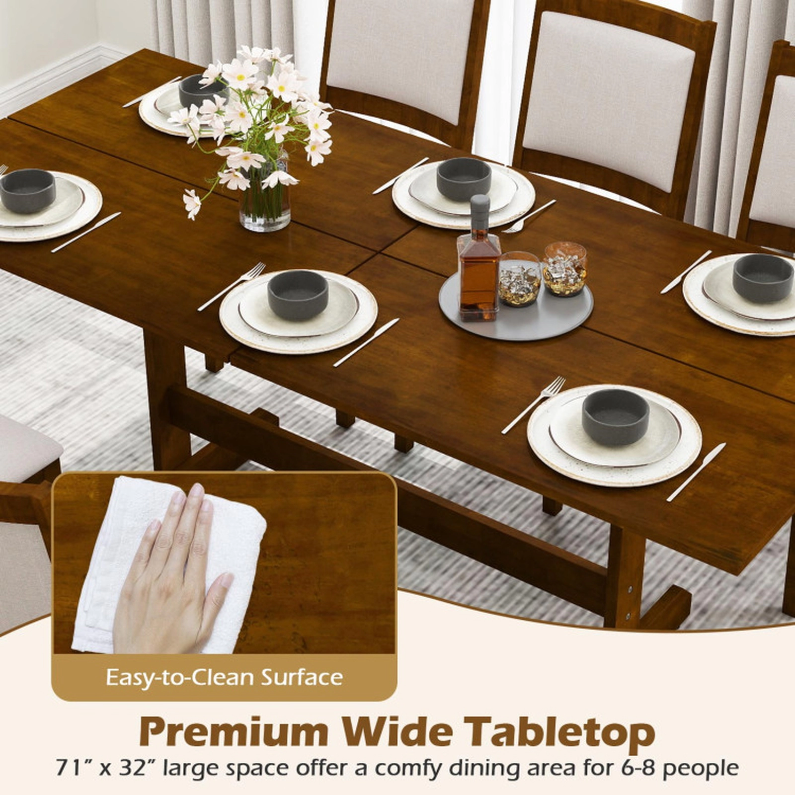 SUGIFT 71 in Walnut Farmhouse Dining Table, Seats 6 to 8