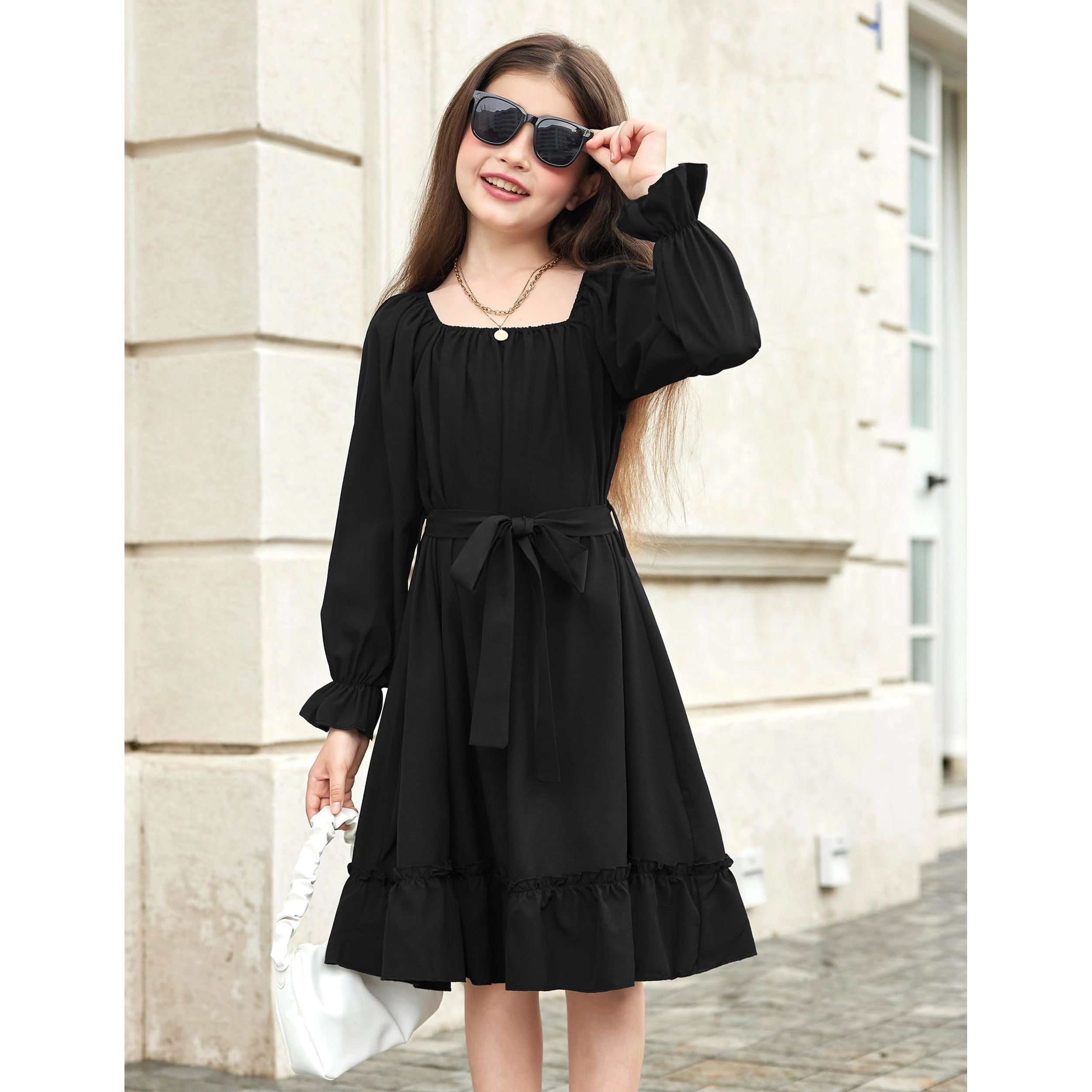 Arshiner Girls Long Sleeve Dresses Fall Party Formal Holiday Swing Flowy Ruffle Midi Dress