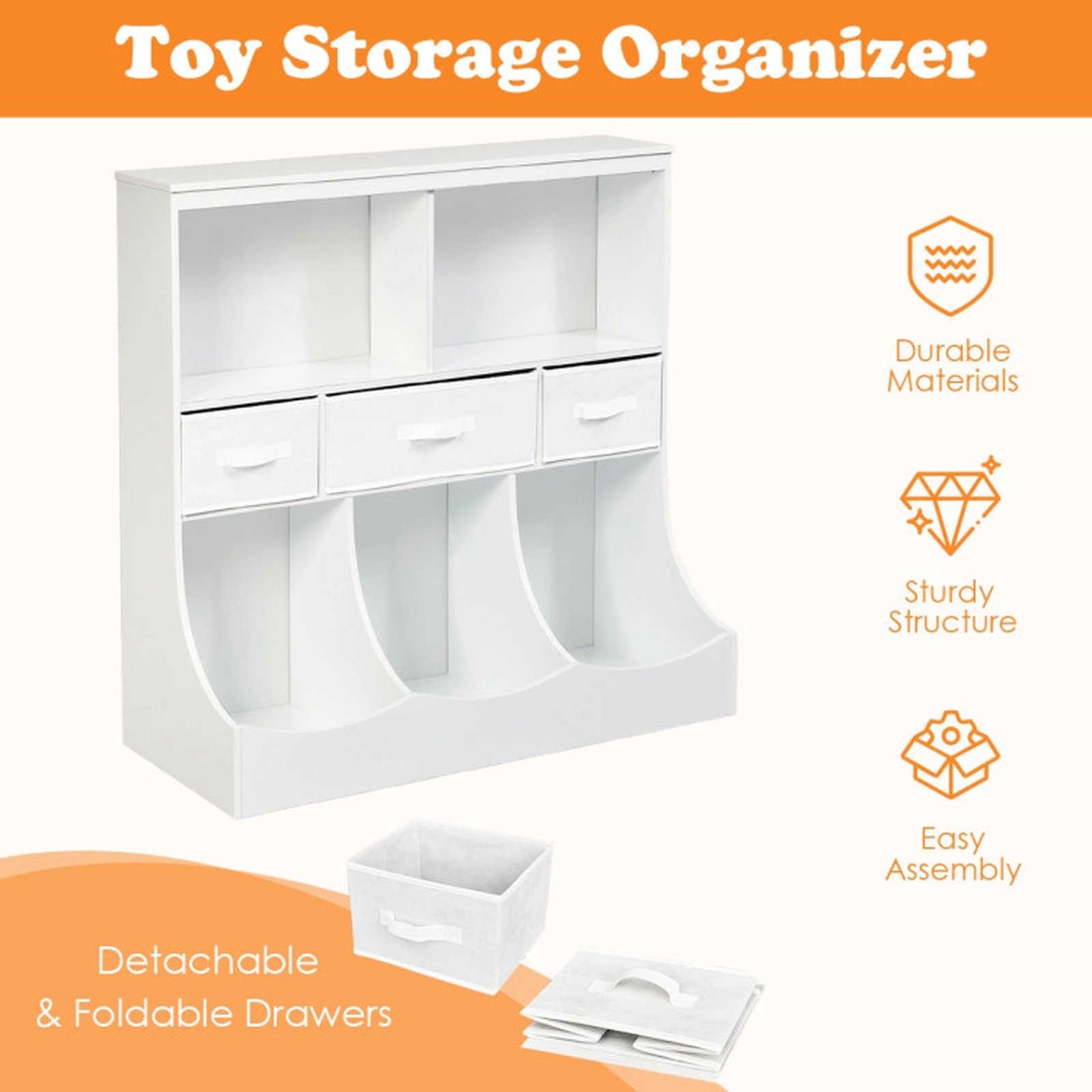 SUGIFT Kids 8 Cubes 3 Detachable Non-Woven Drawers Cubby Toy Storage Organizer 37-in x 16-in x 37-in 66-lb Top White