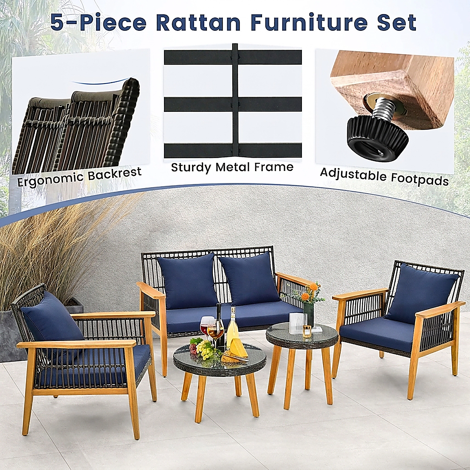 SUGIFT 5-Piece Navy Outdoor Patio Conversation Set with Loveseat, Chairs and Glass Tables