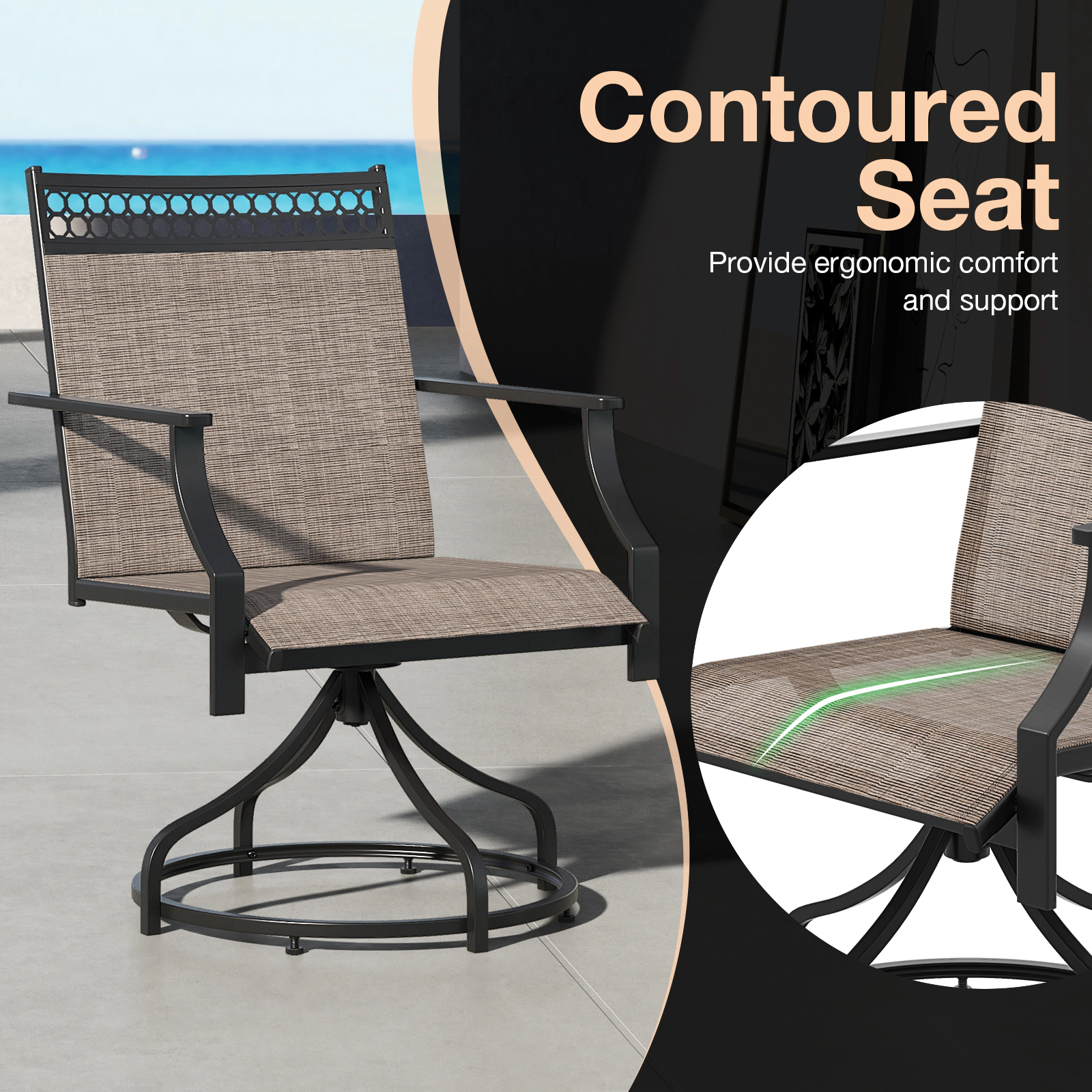 SUGIFT Patio Swivel Dining Chairs Set of 2 with 360° Swivel Heavy-duty Metal Frame 400-lb Capacity Brown/Gray