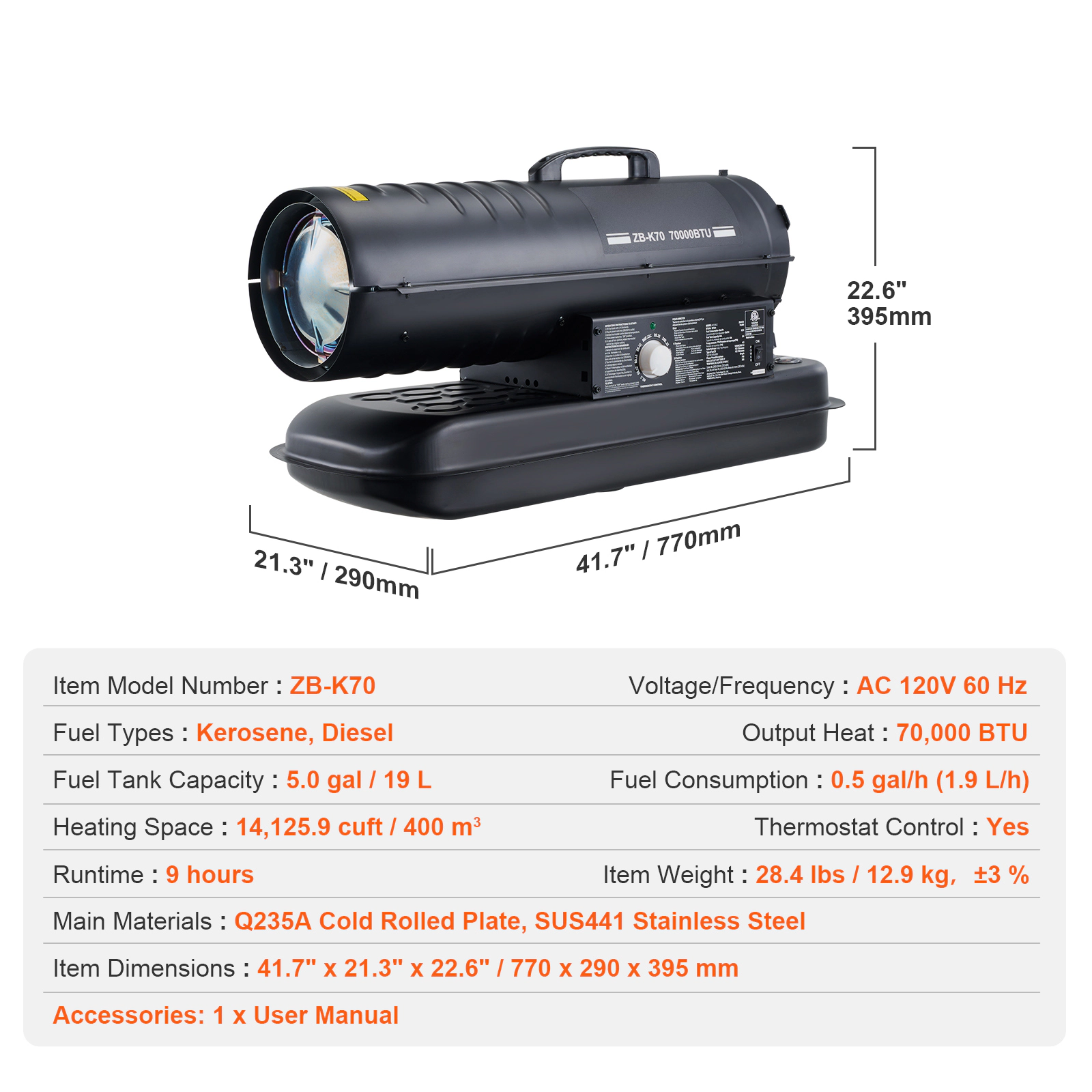 HONGGE Kerosene Forced Air Heater Portable Torpedo Diesel Space Heater with Thermostat Tank Energy-Efficient heavy-duty
